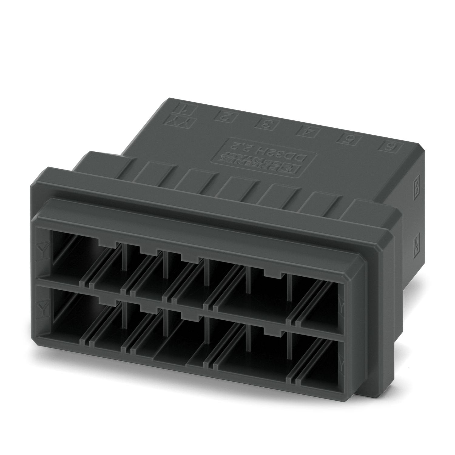 PCB connector, color: black, nominal current: 8 A, rated voltage (III/2): 320 V, contact surface: Sn, contact connection type: Pin, number of rows: 2, number of positions: 12, product range: DD32H 2,2/..-FH, pitch: 5.08 mm, connection method: Crimp connection, conductor/PCB connection direction: 0 °, locking clip: - without locking clip, plug-in system: CONNEXIS DD, locking: Snap-in locking, mounting method: Engagement nose, type of packaging: packed in cardboard