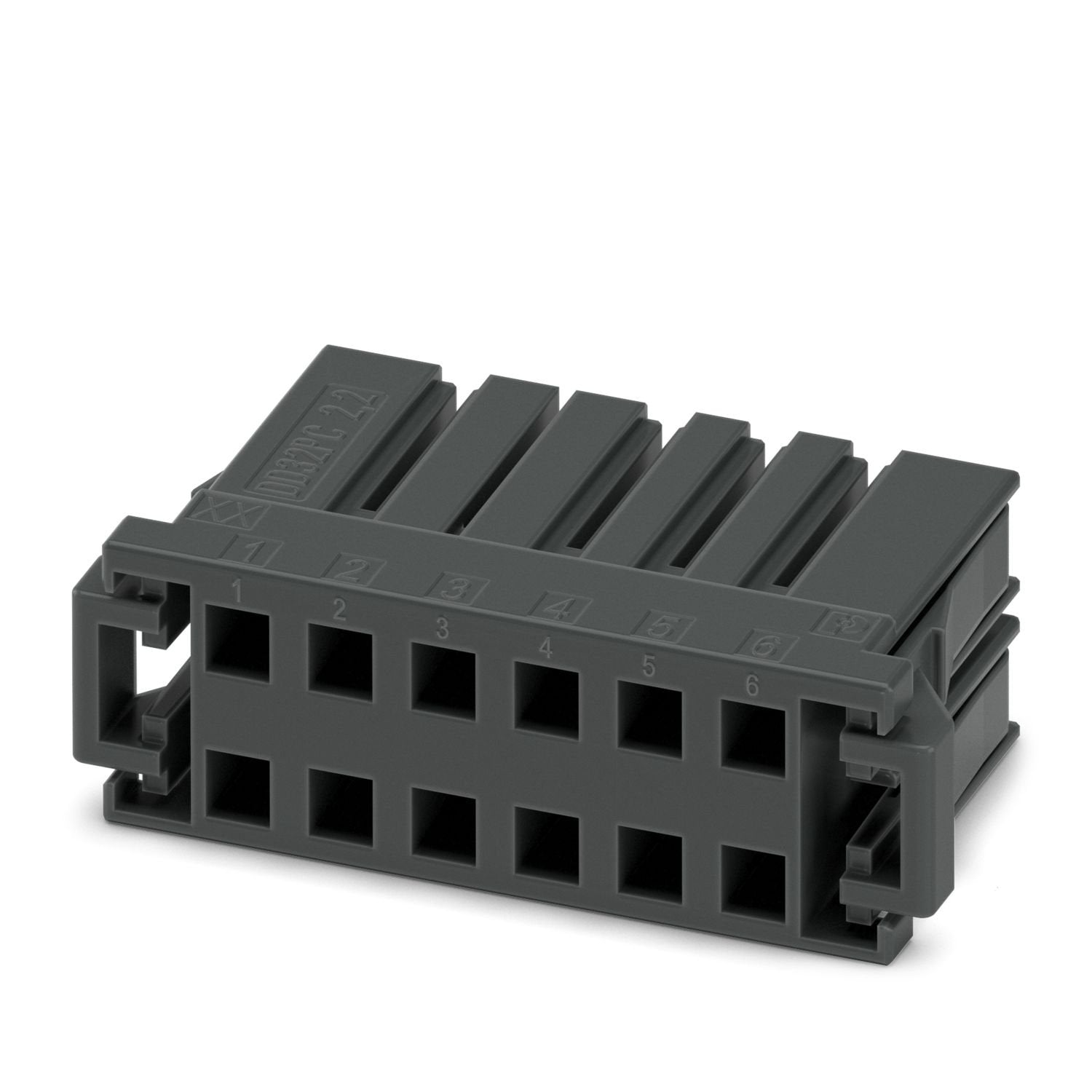 PCB connector, color: black, nominal current: 8 A, rated voltage (III/2): 320 V, contact surface: Sn, contact connection type: Socket, number of rows: 2, number of positions: 12, product range: DD32PC 2,2/.., pitch: 5.08 mm, connection method: Crimp connection, conductor/PCB connection direction: 0 °, locking clip: - without locking clip, plug-in system: CONNEXIS DD, locking: Snap-in locking, mounting method: Latching flange, type of packaging: packed in cardboard
