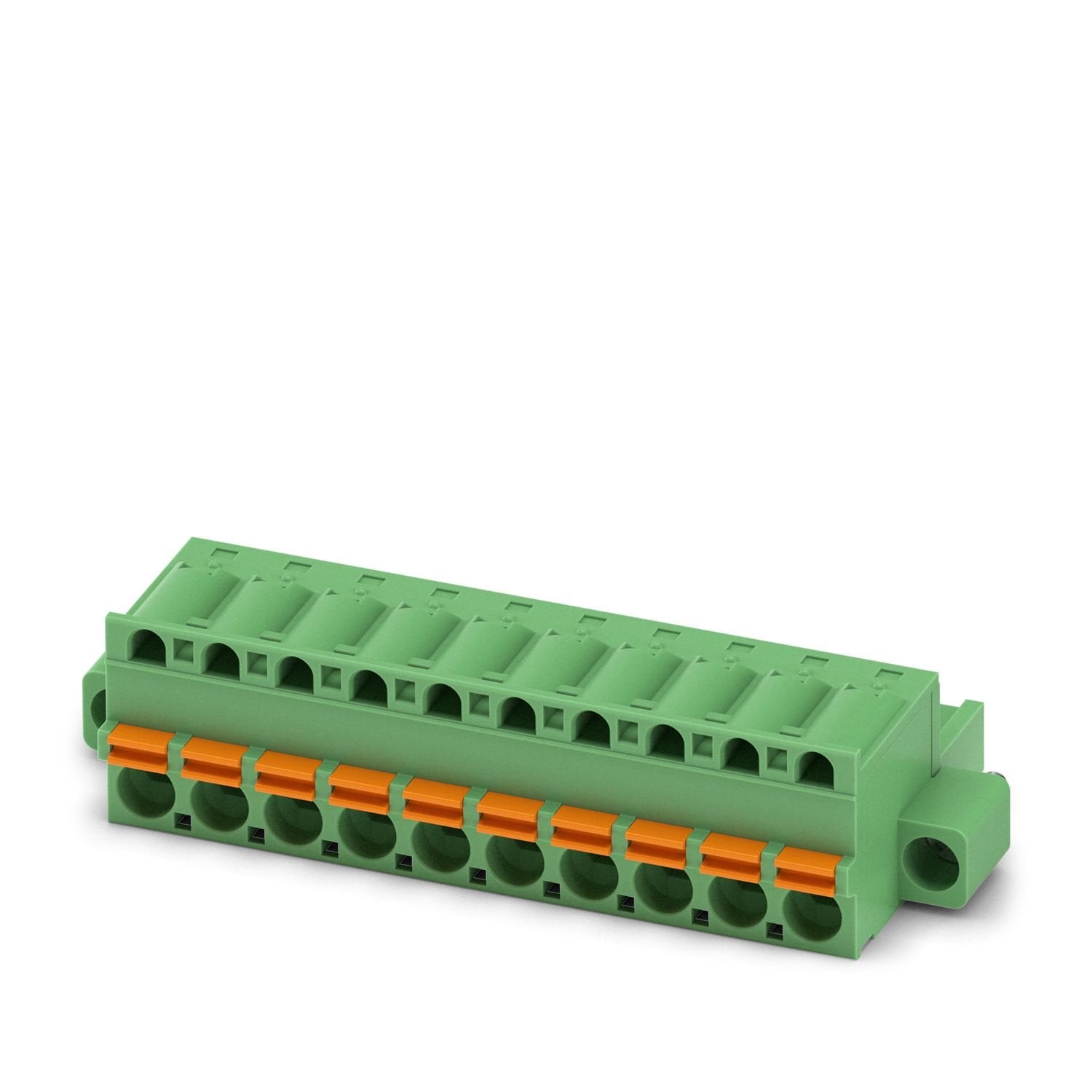 PCB connector, nominal cross section: 2.5 mm 2 , color: green, nominal current: 12 A, rated voltage (III/2): 320 V, contact surface: Sn, contact connection type: Socket, number of potentials: 10, number of rows: 1, number of positions: 10, number of connections: 10, product range: FKC 2,5/..-STF, pitch: 5.08 mm, connection method: Push-in spring connection, conductor/PCB connection direction: 0 °, locking clip: - Locking clip, plug-in system: COMBICON MSTB 2,5, locking: Screw locking mechanism, mounting met