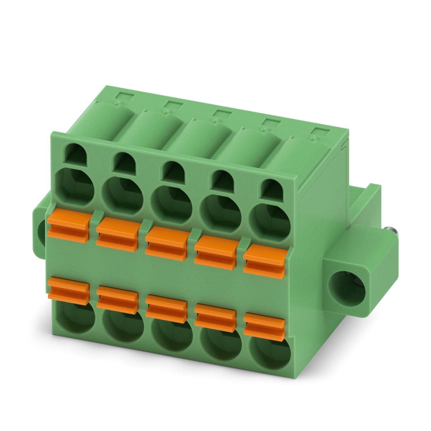 PCB TWIN plug, nominal cross section: 2.5 mm 2 , color: green, nominal current: 12 A, rated voltage (III/2): 320 V, contact surface: Sn, contact connection type: Socket, number of potentials: 5, number of rows: 1, number of positions: 5, number of connections: 10, product range: TFKC 2,5/..-STF, pitch: 5.08 mm, connection method: Push-in spring connection, conductor/PCB connection direction: 0 °, locking clip: - Locking clip, plug-in system: COMBICON MSTB 2,5, locking: Screw locking mechanism, mounting meth