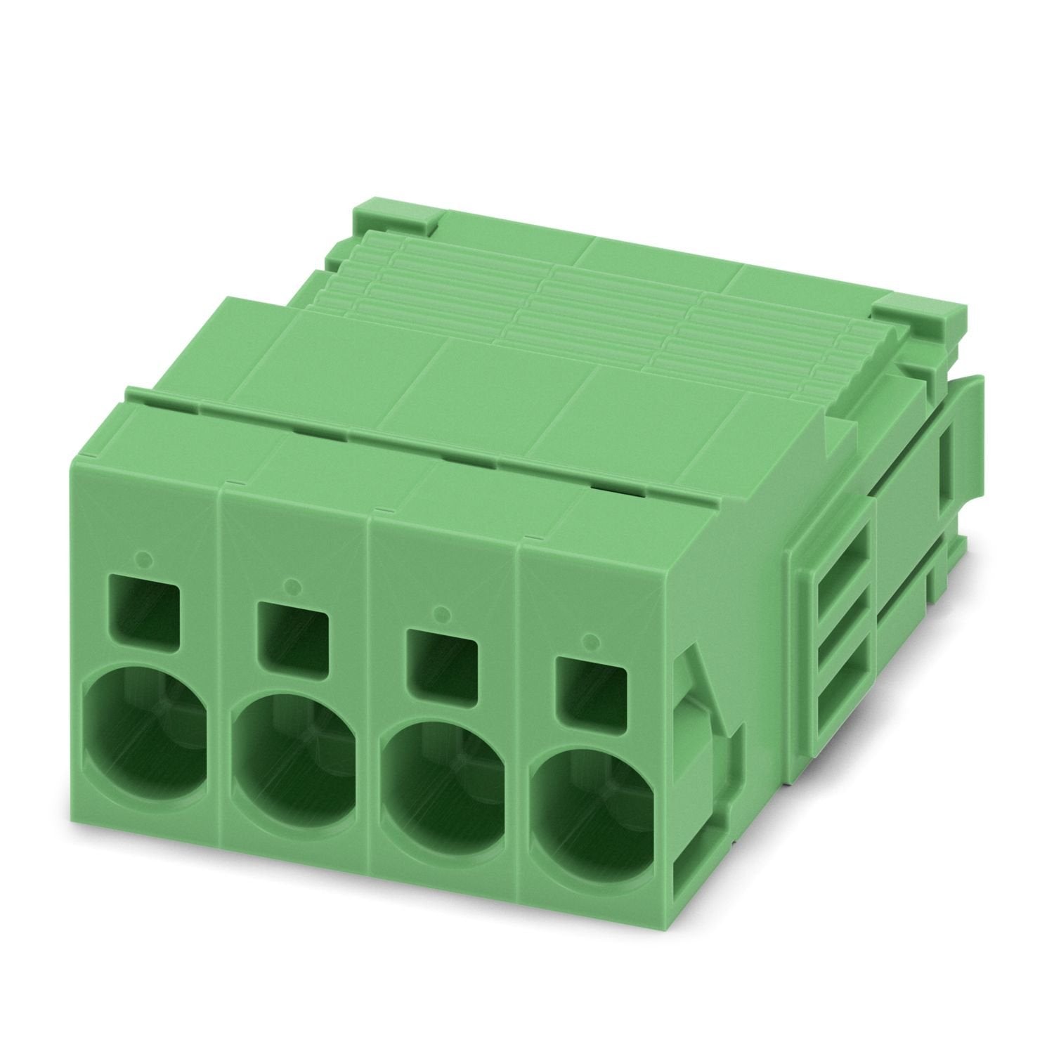 PCB connector, nominal cross section: 6 mm 2 , color: green, nominal current: 32 A, rated voltage (III/2): 1000 V, contact surface: Sn, contact connection type: Pin, number of potentials: 4, number of rows: 1, number of positions: 4, number of connections: 4, product range: ISPC 5/..-STGCL, pitch: 7.62 mm, connection method: Push-in spring connection, conductor/PCB connection direction: 0 °, locking clip: - without locking clip, plug-in system: COMBICON PC 5, locking: Clip locking, mounting method: Click &
