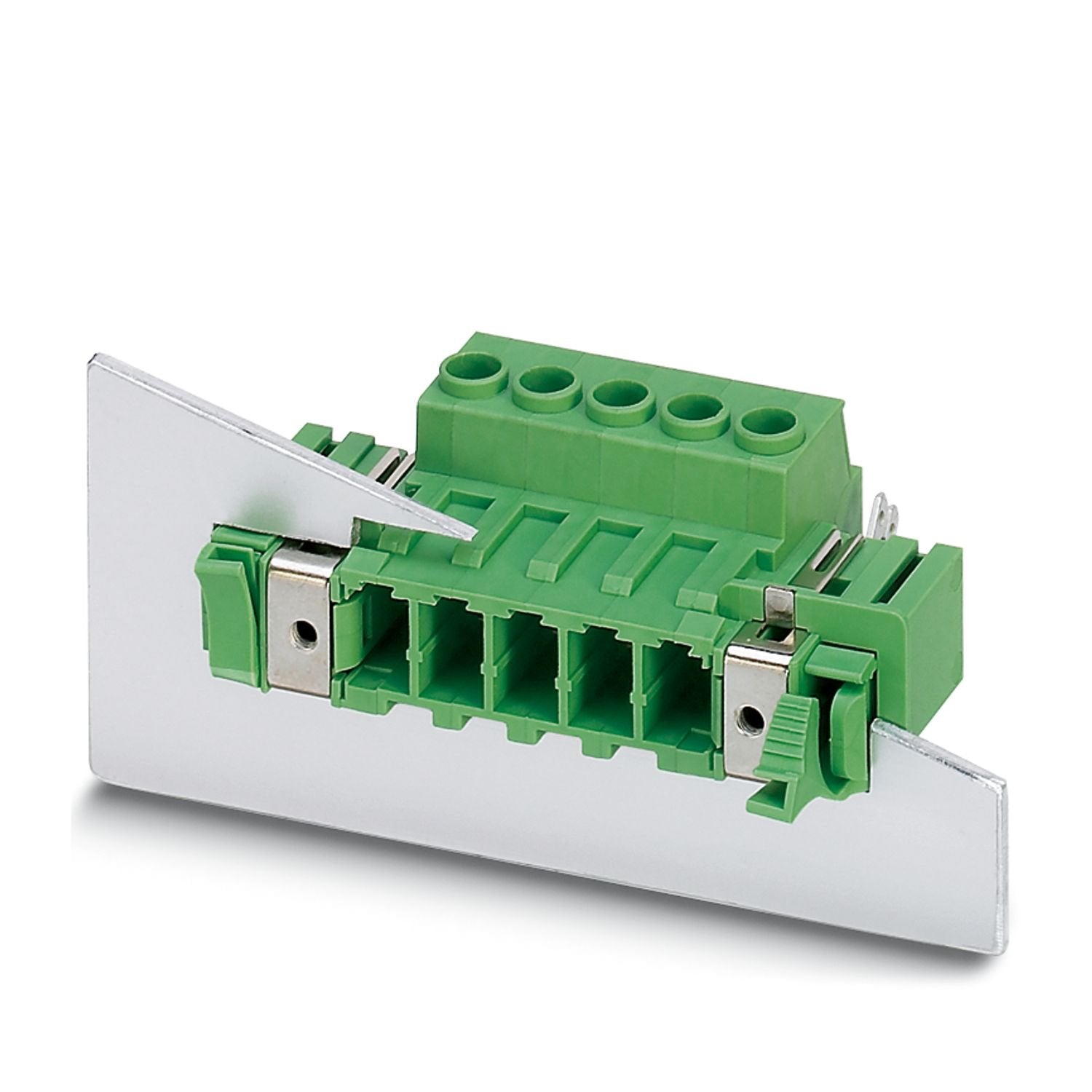 Feed-through connector, nominal cross section: 6 mm 2 , color: green, nominal current: 32 A, rated voltage (III/2): 1000 V, contact surface: Sn, contact connection type: Pin, number of potentials: 4, number of rows: 1, number of positions: 4, number of connections: 4, product range: DFK-PC 5/..-STF-SH, pitch: 7.62 mm, connection method: Screw connection with tension sleeve, screw head form: Z1L Slotted Pozidriv, conductor/PCB connection direction: 0 °, plug-in system: COMBICON PC 5, Electrical properties: s