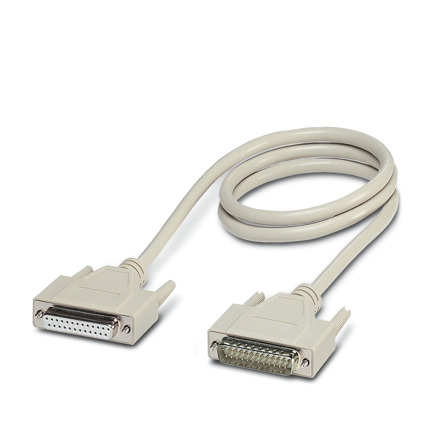 Assembled D-SUB cable shielded, 25-pos., stranded (7-wire), cable color RAL 7000 (gray), IP20 degree of protection, head 1 with socket shell 3 and straight cable outlet, head 2 with pin shell 3 and straight cable outlet, length: 2 m