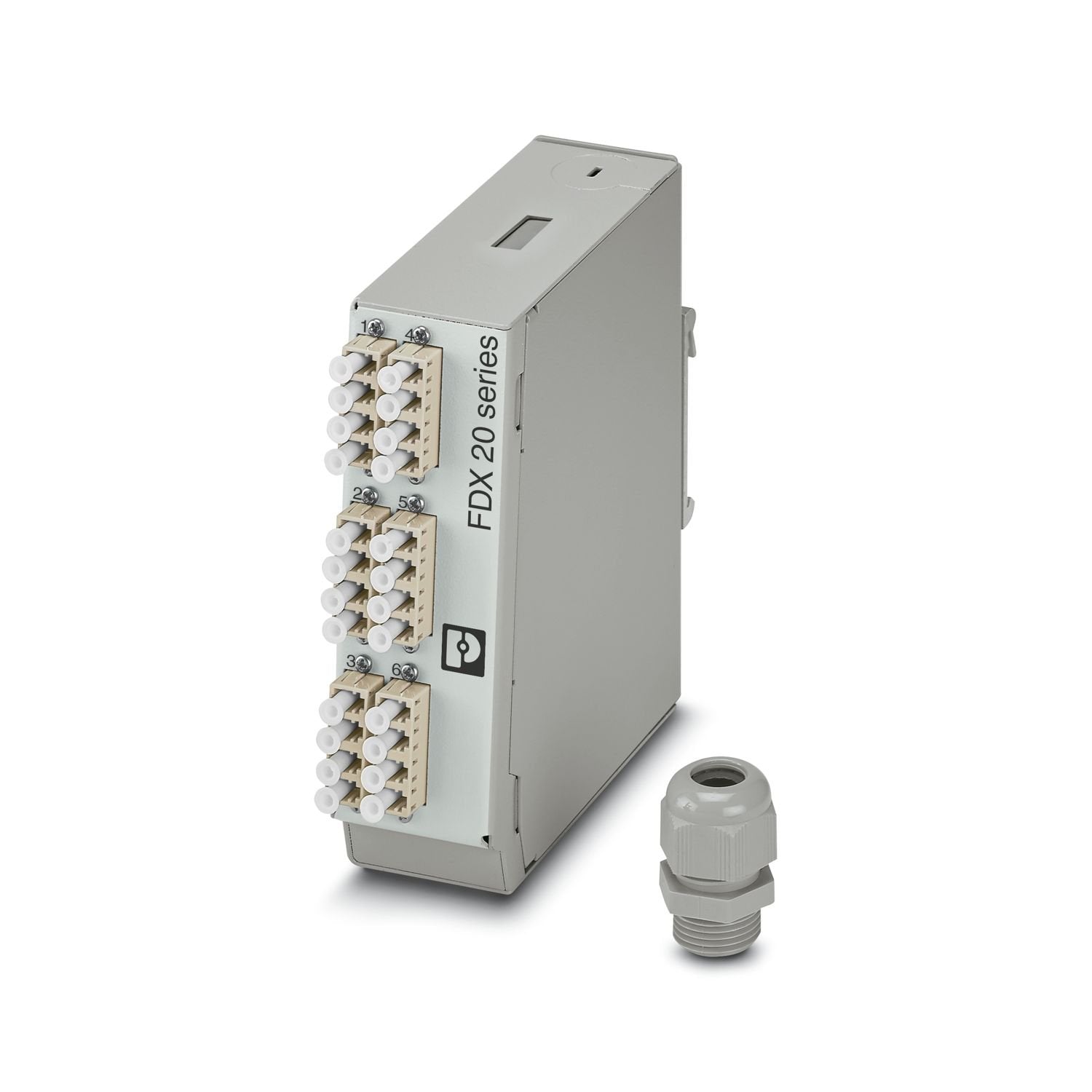Splice box, design: Rail-mountable module, degree of protection: IP20, material: Metal, connection method: Splicing, cable outlet: above and below, housing size: 1, color: gray, Ethernet