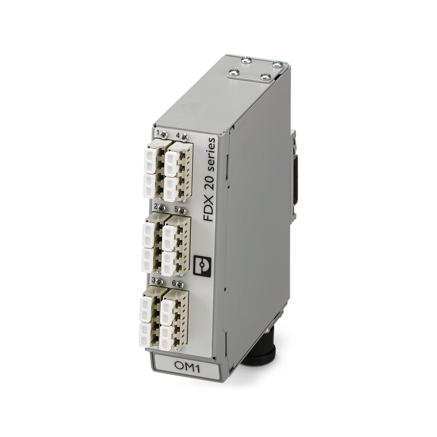 Distributor, design: Rail-mountable module, degree of protection: IP20, number of positions: 24, material: Metal, connection method: M17 circular connector, cable outlet: above and below, housing size: 1, color: gray, Ethernet
