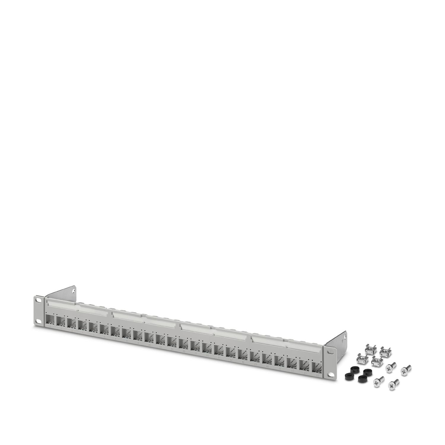 Patch bay, 19" mounting, IP20, with 24 slots selectively for RJ45 cable connection modules, RJ45 coupling modules, LC duplex, SC simplex and MPO, medium gray