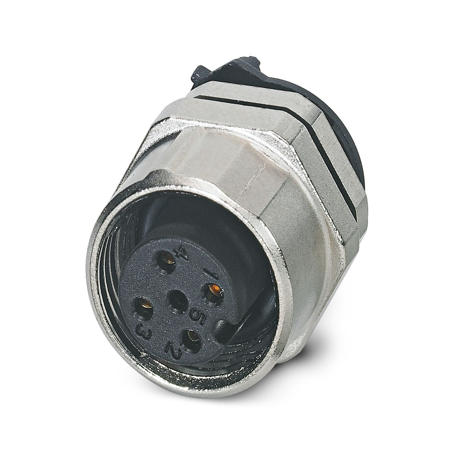 Device connector rear mounting, 4-position, Socket, straight, M12-SPEEDCON, A-coding, THR solder connection, this item is expected to be lead-free from Q2 2026 in accordance with RoHS II without exception 6c (Pb < 0.1%), a lead-free alternative is possible on request in advance