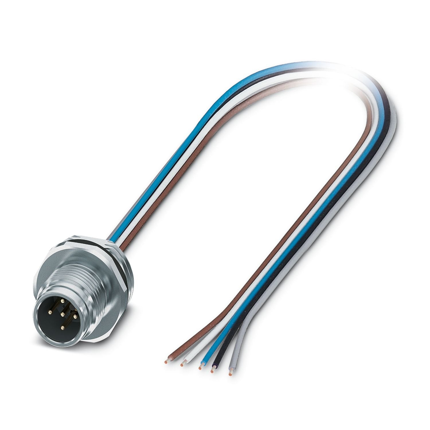Device connector front mounting, Universal, 5-position, Pin, straight, M12-Push-pull external locking, A-coding, on free cable end, Individual wires, cable length: 0.5 m, 0.34 mm 2 , TPE litz wire, potted, Item is lead-free in accordance with RoHS II without Exemption 6c (Pb < 0.1 %)
