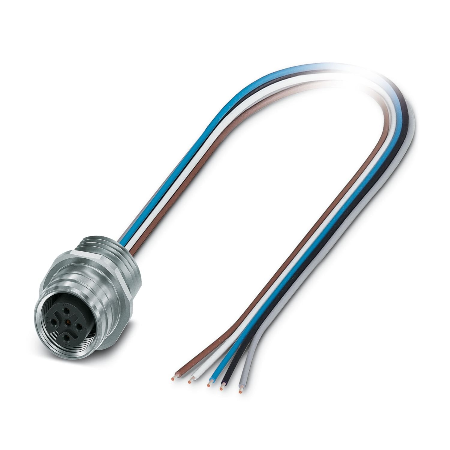 Device connector front mounting, Universal, 5-position, Socket, straight, M12-Push-pull external locking, A-coding, on free cable end, Individual wires, cable length: 0.5 m, 0.34 mm 2 , TPE litz wire, potted