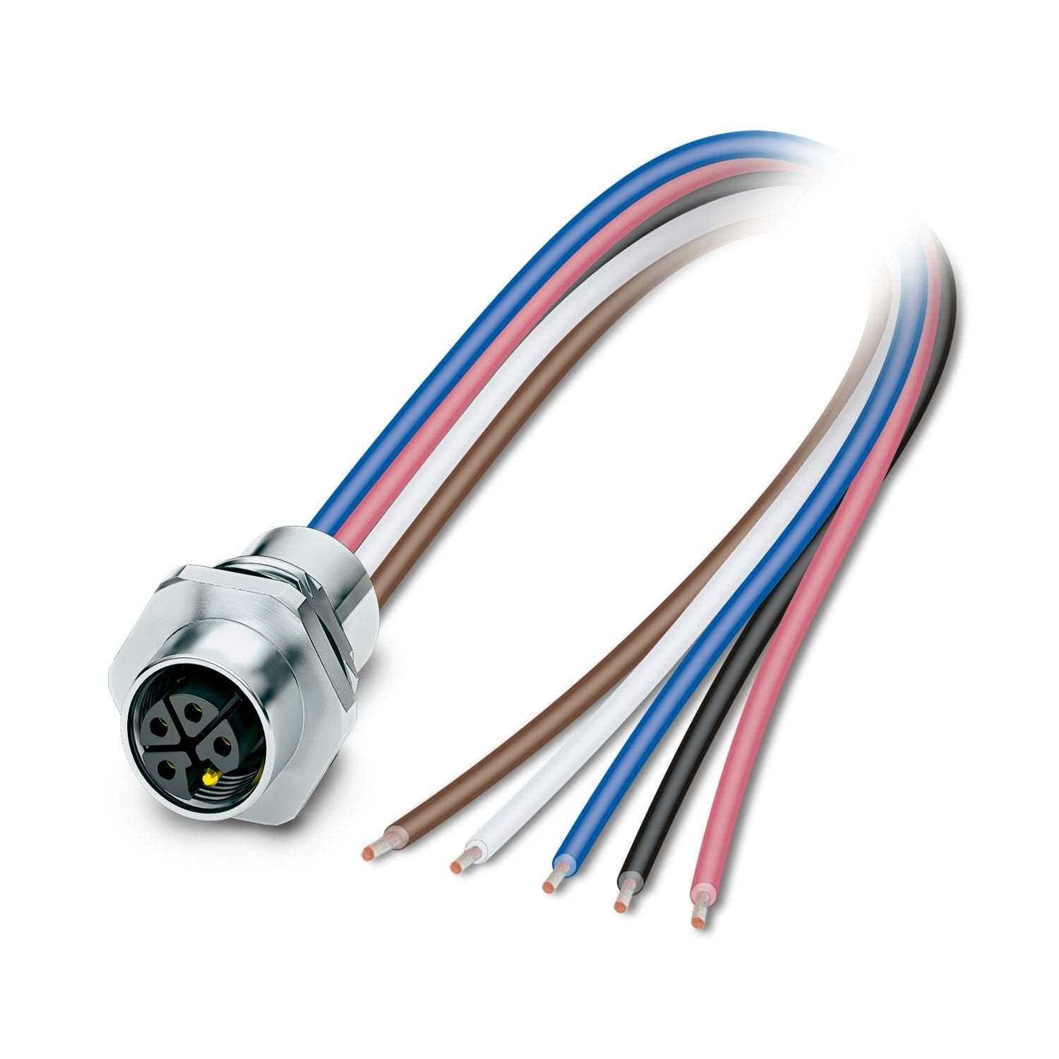 Device connector front mounting, Power, 5-position, Flush-type female connector, straight, M12-Standard, L-coding, on free cable end, Individual wires, cable length: 2 m, 2.50 mm 2 , PEX litz wire