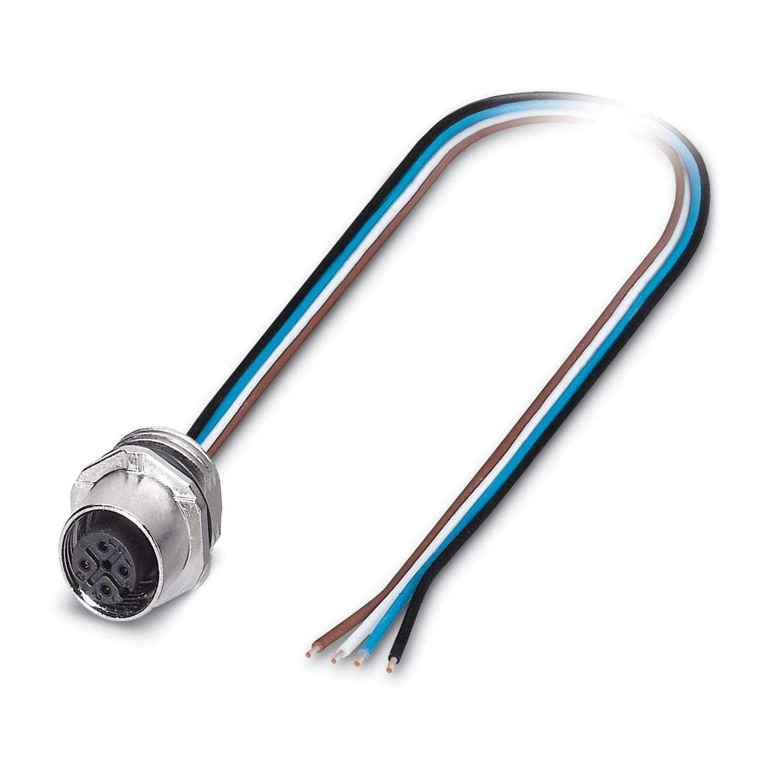 Device connector front mounting, Universal, 4-position, Socket, straight, M12, A-coding, on free cable end, Individual wires, cable length: 0.5 m, 0.34 mm 2 , TPE litz wire, potted