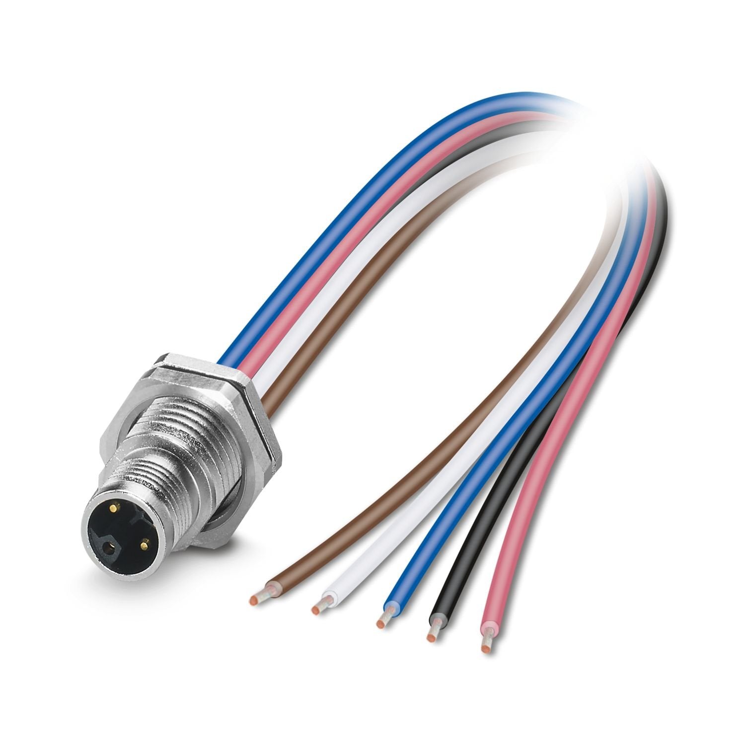 Device connector rear mounting, Power, 5-position, Pin, straight, M12-Standard, L-coding, on free cable end, Individual wires, cable length: 0.2 m, 2.50 mm 2 , PEX litz wire, potted, Item is lead-free in accordance with RoHS II without Exemption 6c (Pb < 0.1 %)