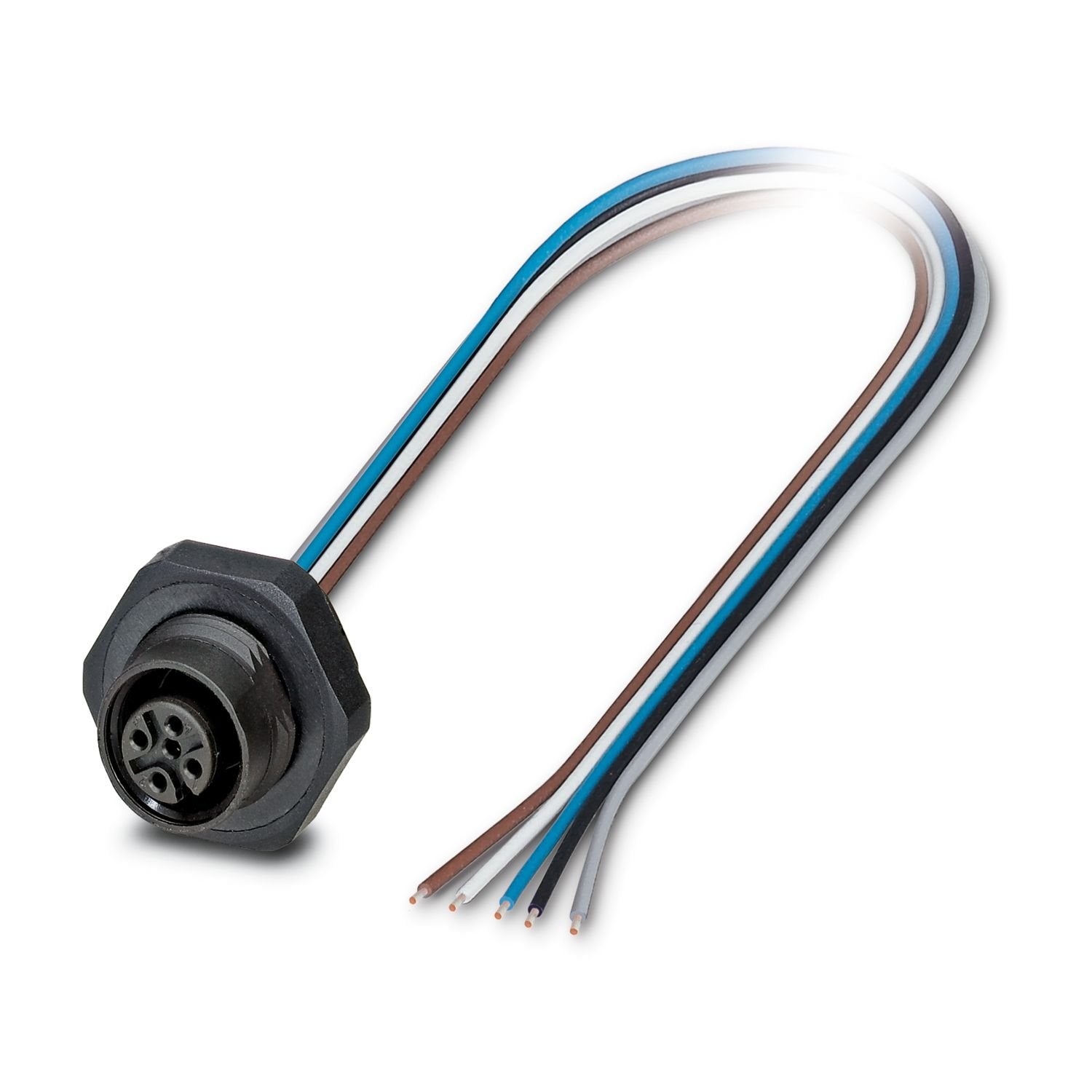 Device connector rear mounting, Universal, 5-position, Socket, straight, M12-Standard, A-coding, on free cable end, Individual wires, cable length: 0.5 m, 0.34 mm 2 , TPE litz wire