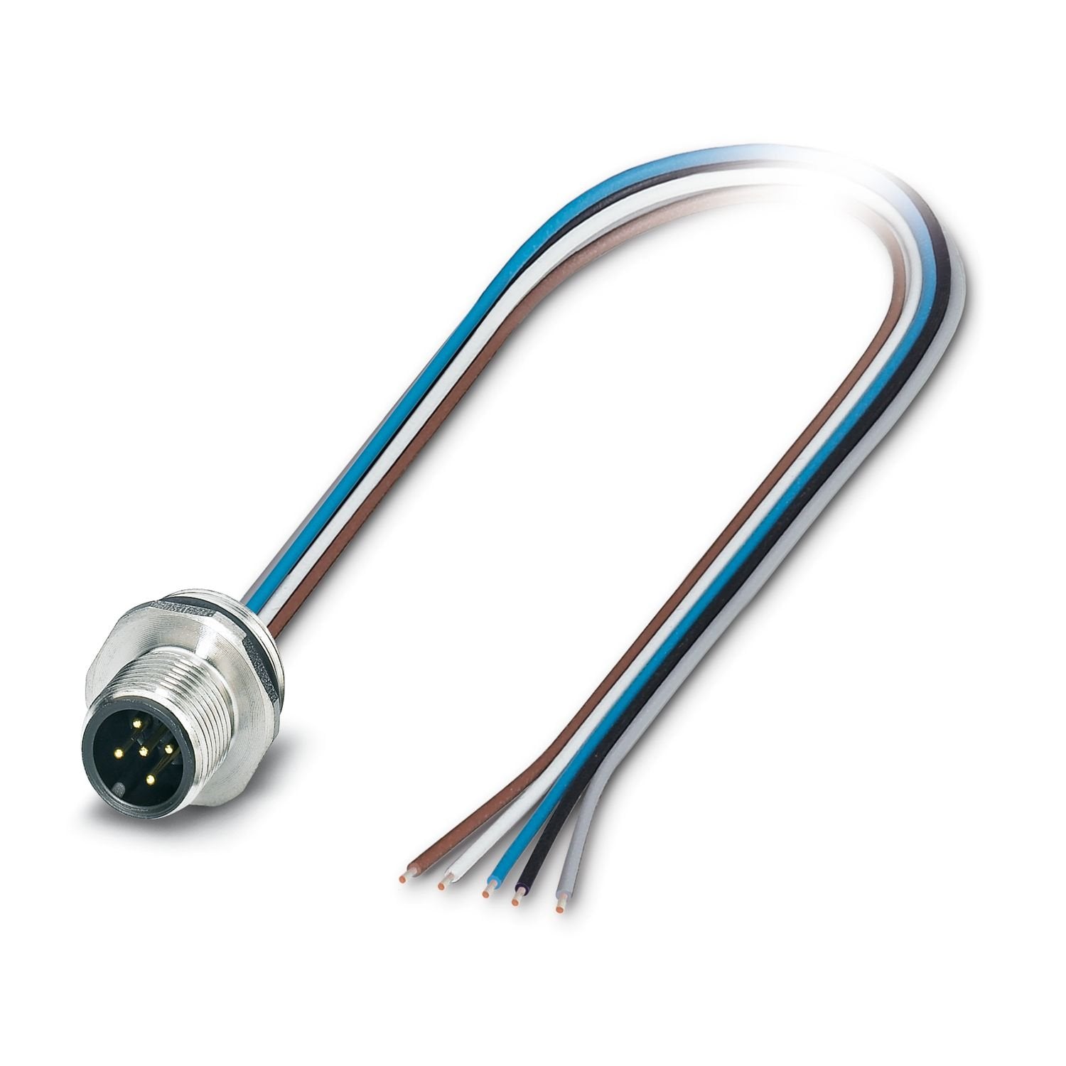 Device connector front mounting, Universal, 5-position, Pin, straight, M12-Standard, A-coding, on free cable end, Individual wires, cable length: 0.5 m, 0.34 mm 2 , TPE litz wire, potted