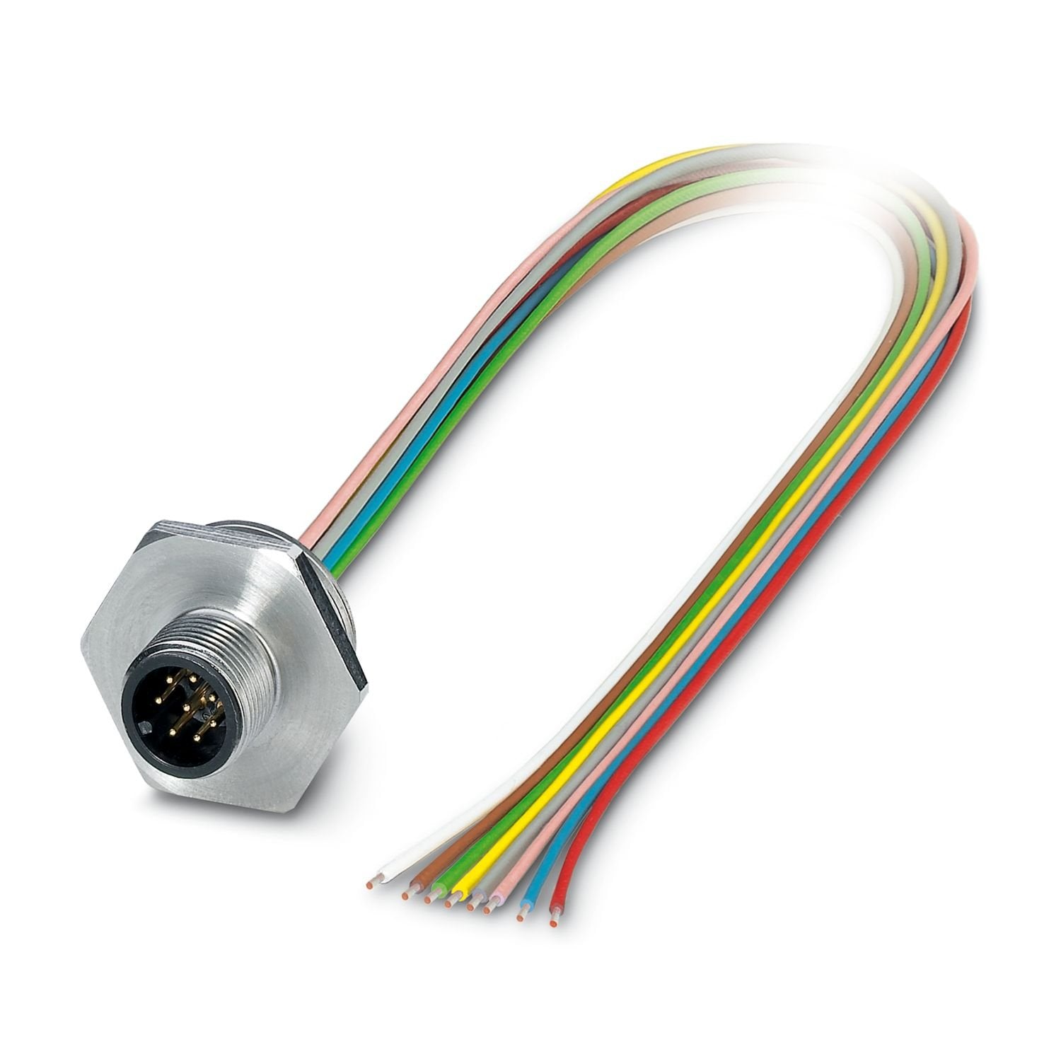 Device connector front mounting, 8-position, Pin, straight, M12-Standard, A-coding, on free cable end, Individual wires, cable length: 0.5 m, 0.25 mm 2 , TPE litz wire, potted, this item is expected to be lead-free from Q4 2025 in accordance with RoHS II without exception 6c (Pb < 0.1%), a lead-free alternative is possible on request in advance