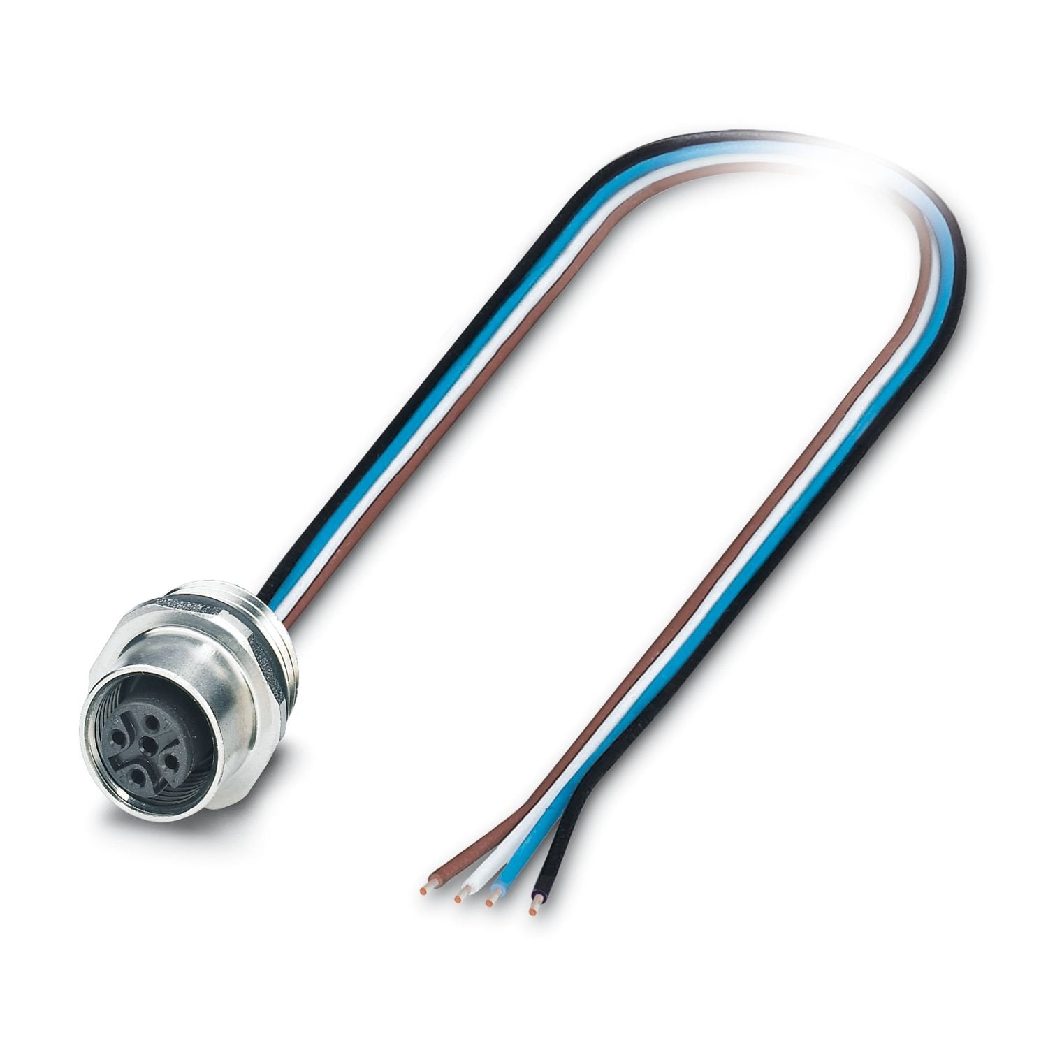 Device connector front mounting, Universal, 4-position, Socket, straight, M12-Standard, A-coding, on free cable end, Individual wires, cable length: 0.5 m, 0.34 mm 2 , TPE litz wire, potted