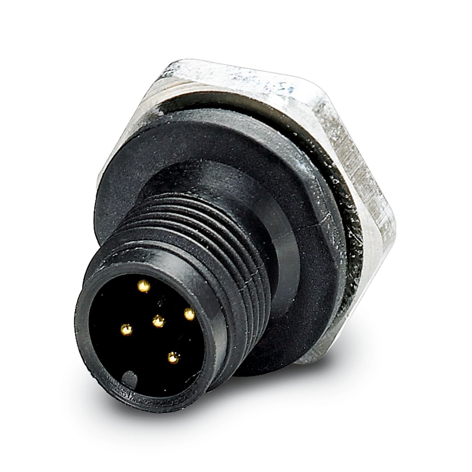 Sensor/actuator flush-type connector, male, 5-pos., M12, A-coded, front/screw mounting with M16 thread, with solder cups, plastic version