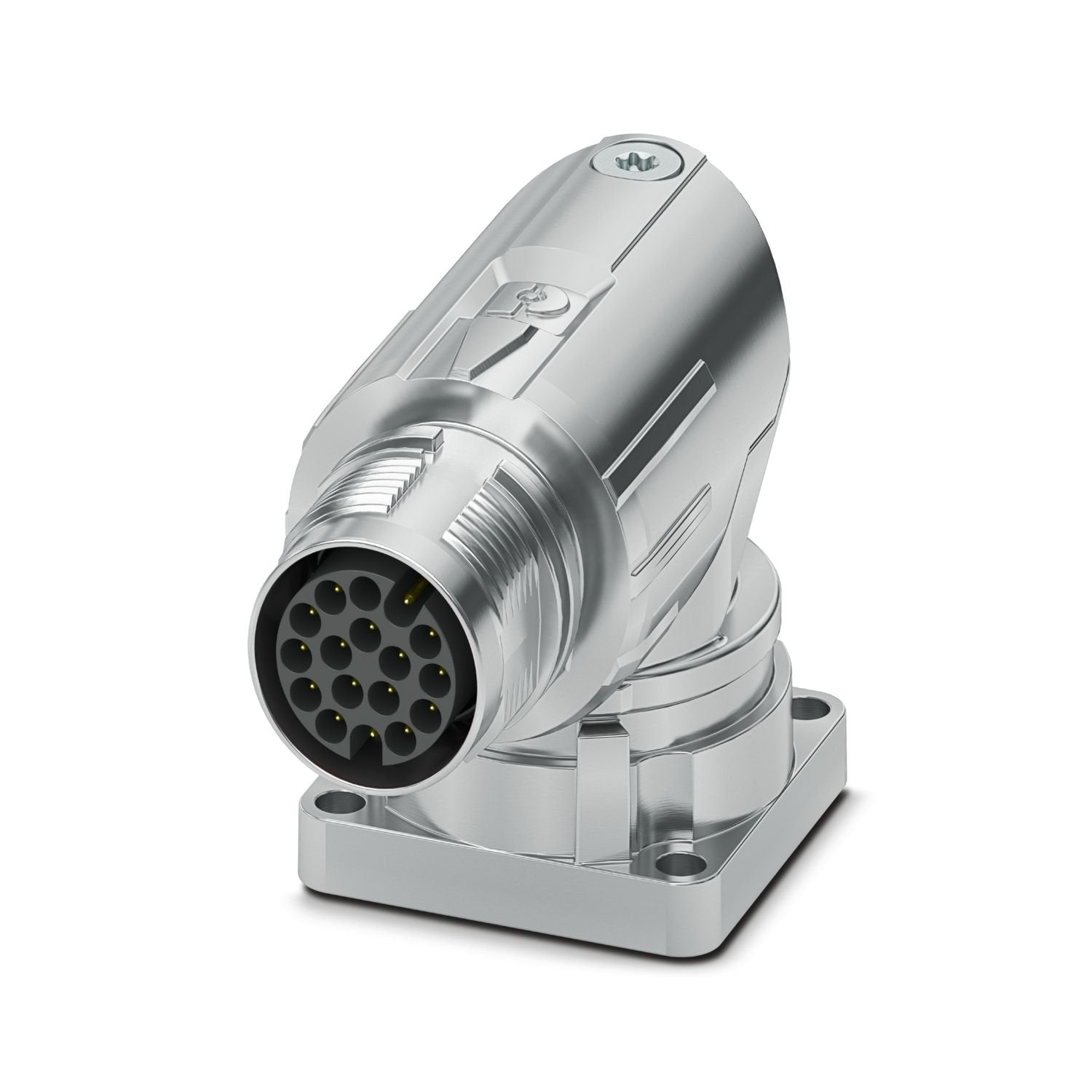 M17, Device connector front mounting, series: M17 PRO, angled rotatable, shielded: yes, for standard and ONECLICK fast locking system, No. of pos.: 17, contact connection type: Pin, Crimp connection, flange dimensions: 28 mm x 28 mm, Item is lead-free in accordance with RoHS II without Exemption 6c (Pb < 0.1 %)