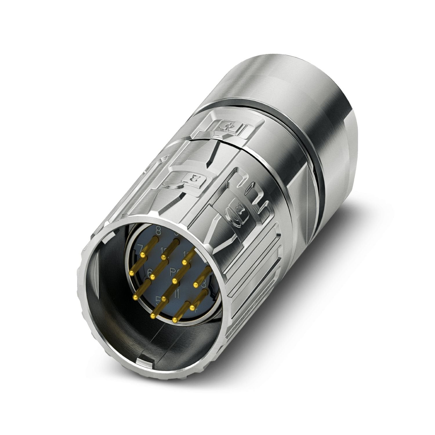 M23, Cable connector, series: M23 PRO, straight, shielded: yes, ONECLICK fast locking system, No. of pos.: 12, Direction of rotation: Standard, contact connection type: Pin, Crimp connection, cable diameter range: 3 mm ... 15 mm, coding: N, Item is lead-free in accordance with RoHS II without Exemption 6c (Pb < 0.1 %)
