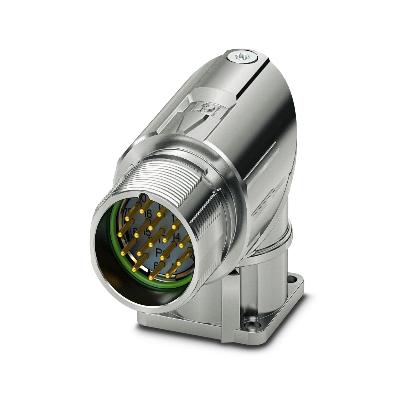 M23, Device connector front mounting, series: M23 PRO Signal, angled rotatable, shielded: yes, for standard and ONECLICK fast locking system, No. of pos.: 17, Direction of rotation: Standard, contact connection type: Pin, Crimp connection, flange dimensions: 26 mm x 26 mm, coding: N, Item is lead-free in accordance with RoHS II without Exemption 6c (Pb < 0.1 %)