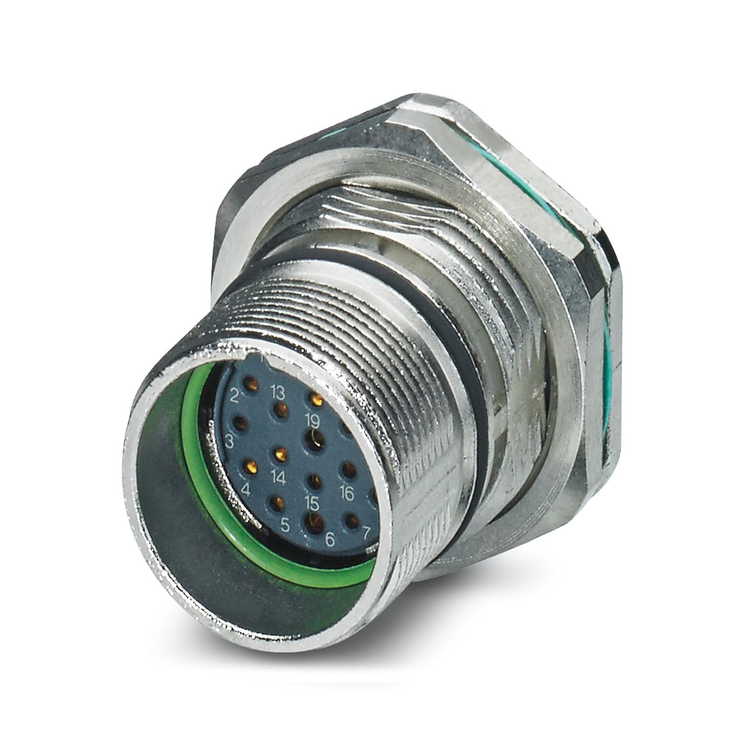 M23, Device connector rear mounting, series: CA, straight, shielded: yes, for standard and SPEEDCON interlock, No. of pos.: 16+2+FE, Direction of rotation: Standard, contact connection type: Socket, Crimp connection, Axial seal, coding: N, this item is expected to be lead-free from Q1 2027 in accordance with RoHS II without exception 6c (Pb < 0.1%), a lead-free alternative is possible on request in advance. This product is in the process of being discontinued. This product must no longer be considered for n