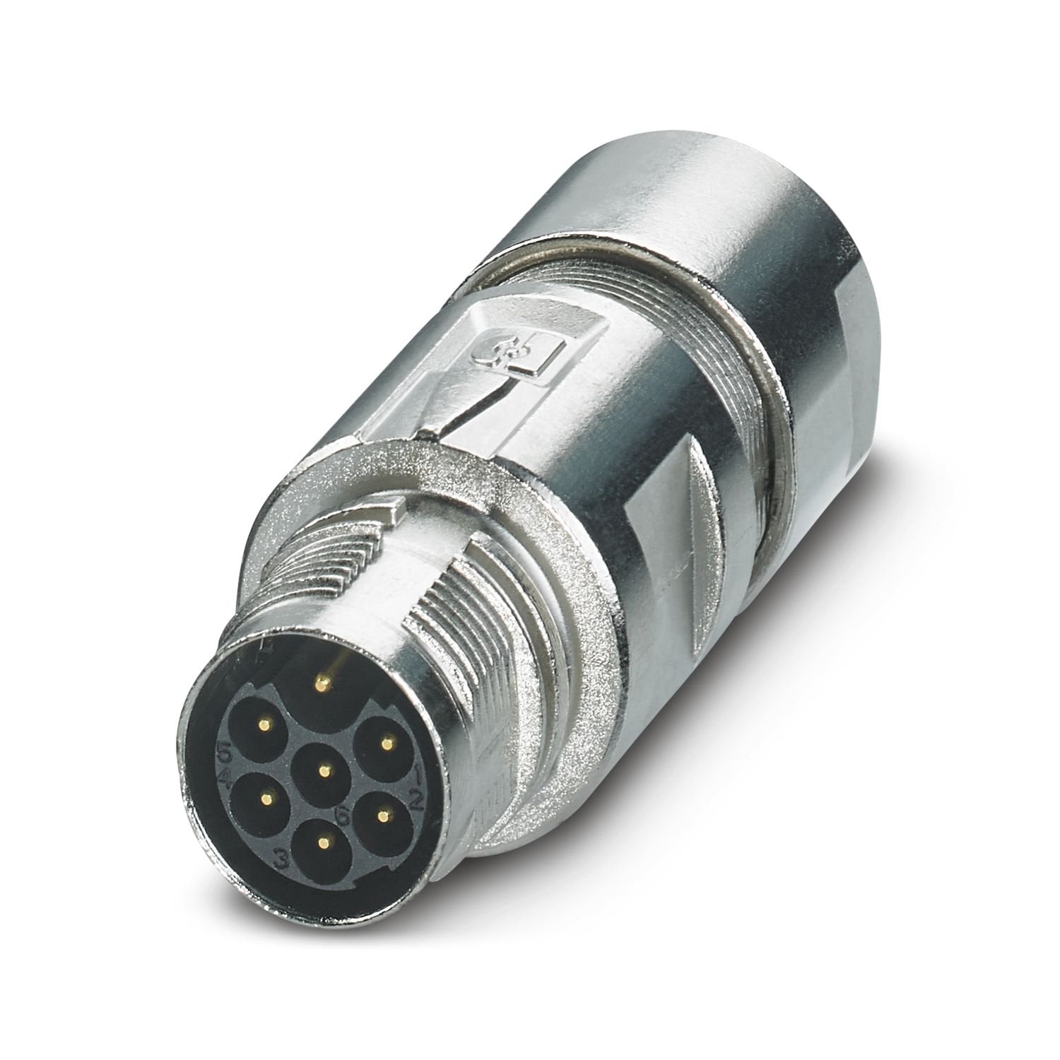 M17, Coupler connector, series: M17 PRO, straight, shielded: yes, for standard and ONECLICK fast locking system, No. of pos.: 6+PE, contact connection type: Pin, Crimp connection, cable diameter range: 8.5 mm ... 12 mm, Item is lead-free in accordance with RoHS II without Exemption 6c (Pb < 0.1 %)