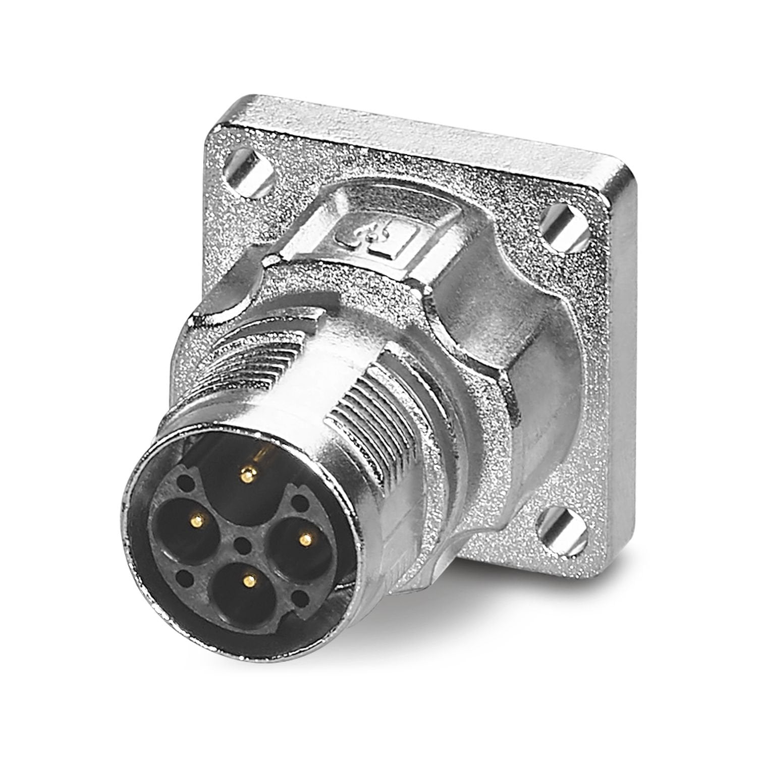 M17, Device connector front mounting, series: M17 PRO, straight, shielded: yes, for standard and ONECLICK fast locking system, No. of pos.: 3+PE, contact connection type: Pin, Crimp connection, flange dimensions: 26 mm x 26 mm, Item is lead-free in accordance with RoHS II without Exemption 6c (Pb < 0.1 %)