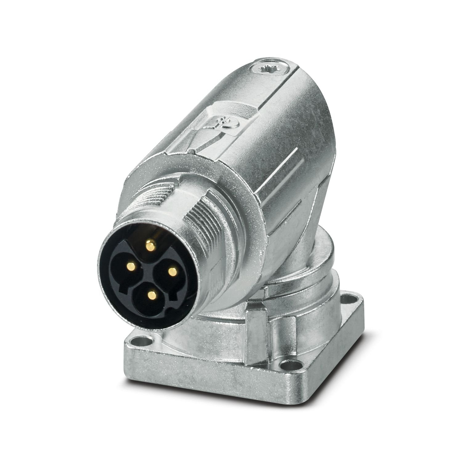 M17, Device connector front mounting, series: M17 PRO, angled rotatable, shielded: yes, for standard and ONECLICK fast locking system, No. of pos.: 3+PE, contact connection type: Pin, Crimp connection, flange dimensions: 28 mm x 28 mm, Item is lead-free in accordance with RoHS II without Exemption 6c (Pb < 0.1 %)