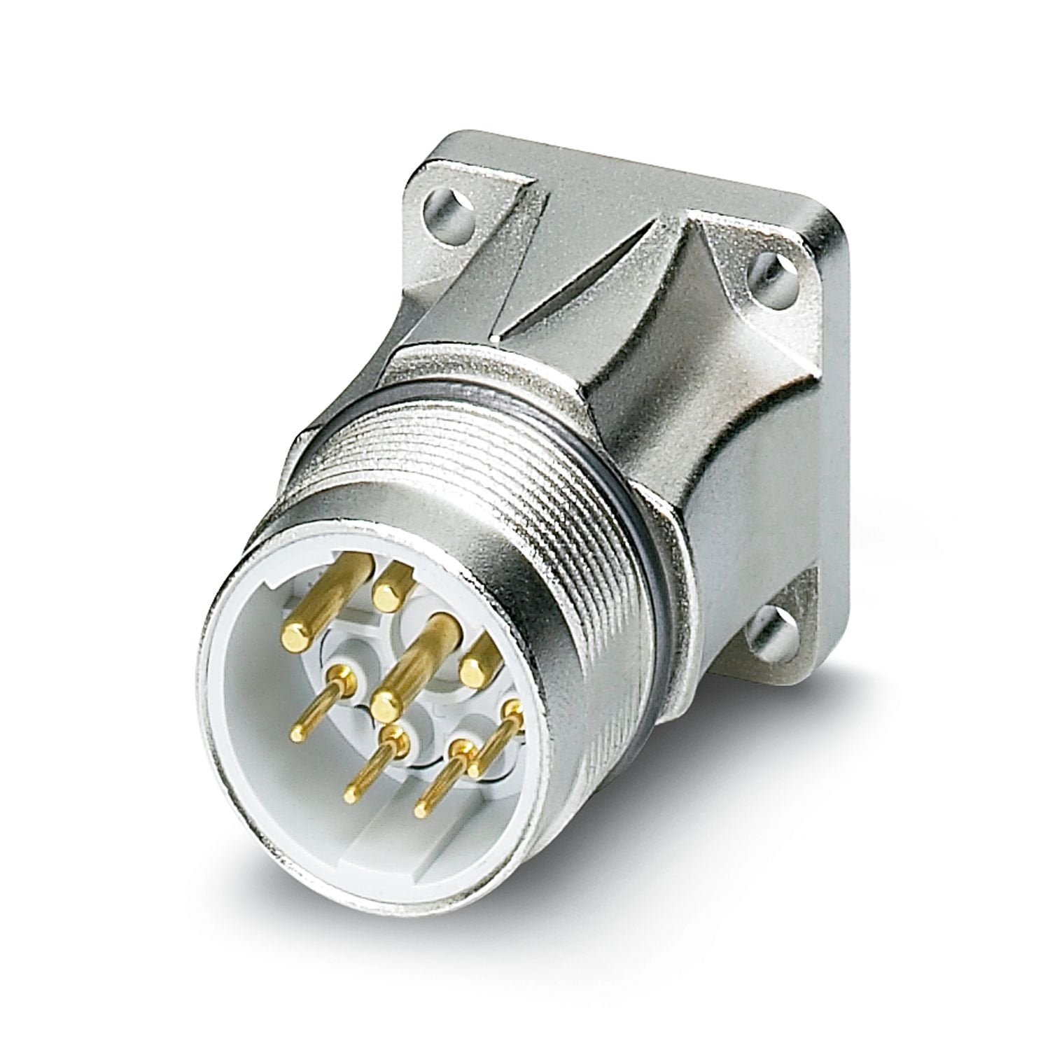 Device connector front mounting, straight, for standard and SPEEDCON interlock, M23, number of positions: 4+3+PE, contact connection type: Pin, Axial O-ring, shielded: yes, flange dimensions: 26 mm x 26 mm, number of positions: 8, connection method: Crimp connection, series: SF, This product is in the process of being discontinued. This product must no longer be considered for new projects. Please contact your sales representative for alternatives.