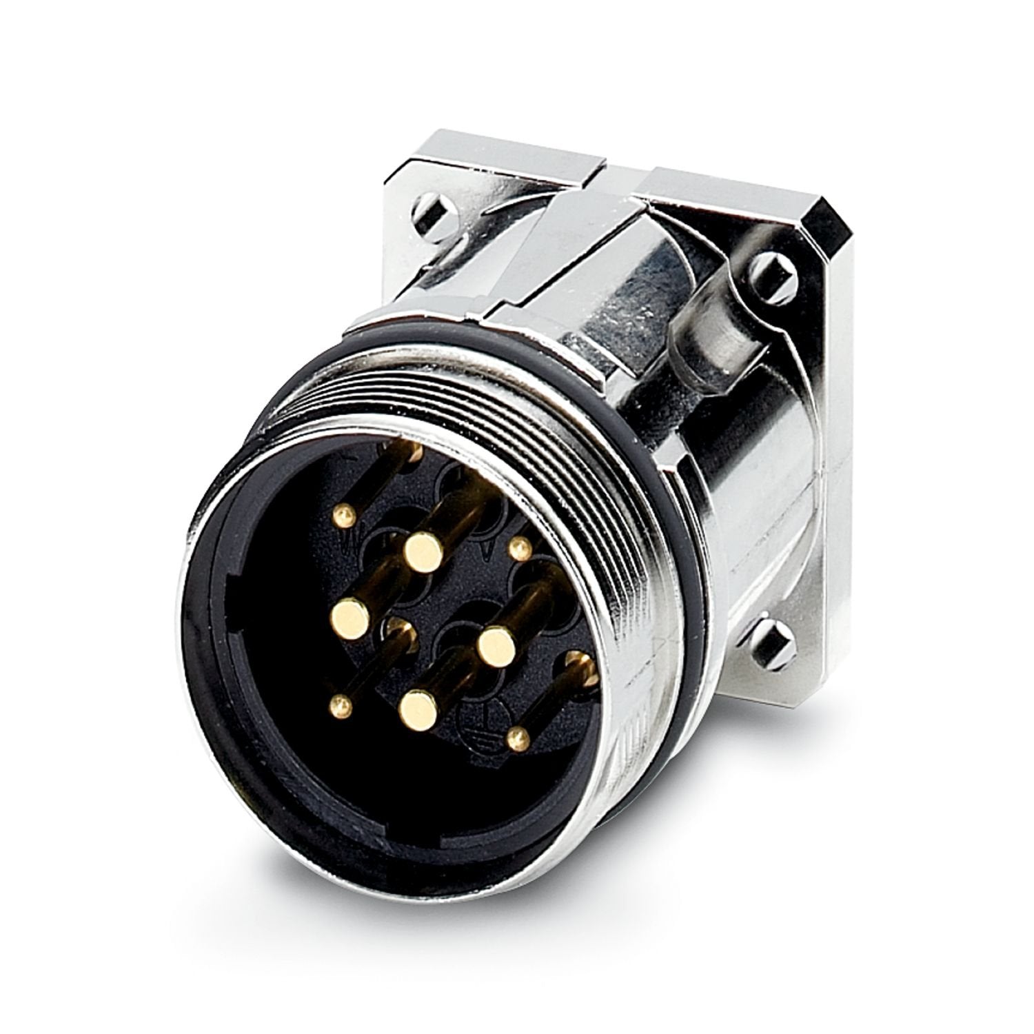 Device connector front mounting, straight, for standard and SPEEDCON interlock, M40, number of positions: 2+3+PE, contact connection type: Pin, Axial O-ring, shielded: yes, flange dimensions: 40 mm x 40 mm, number of positions: 6, connection method: Crimp connection, series: SM, this item is expected to be lead-free from Q2 2026 in accordance with RoHS II without exception 6c (Pb < 0.1%), a lead-free alternative is possible on request in advance
