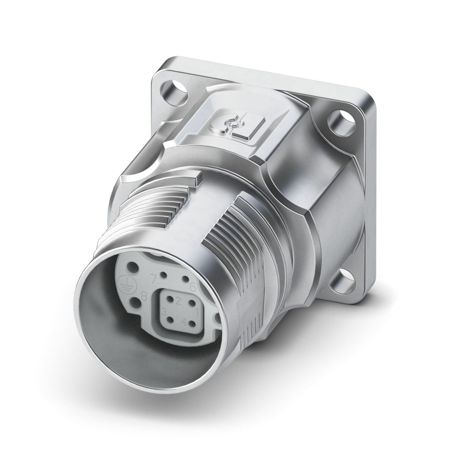 M17, Device connector front mounting, series: M17 PRO, straight, for standard and ONECLICK fast locking system, No. of pos.: 4+4+3+PE, contact connection type: Socket, Crimp connection, flange dimensions: 21.6 mm x 21.6 mm, coding: Type 2 (based on IEC 61076-2-117), Item is lead-free in accordance with RoHS II without Exemption 6c (Pb < 0.1 %)