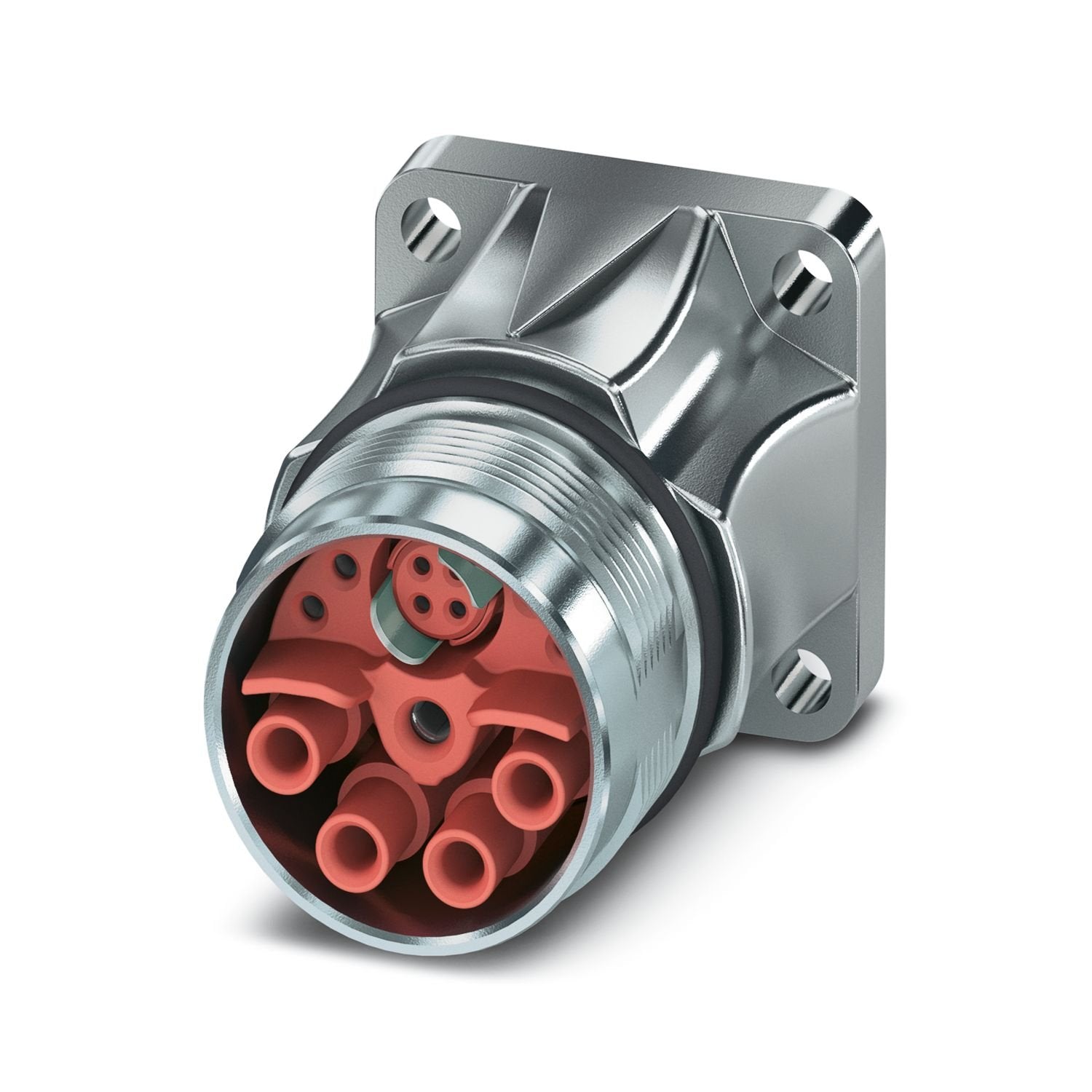 M23, Device connector front mounting, series: SH, straight, shielded: yes, for standard and SPEEDCON interlock, No. of pos.: 4+4+4+PE / 3+N+PE, contact connection type: Socket, Crimp connection, Axial O-ring, flange dimensions: 26 mm x 26 mm