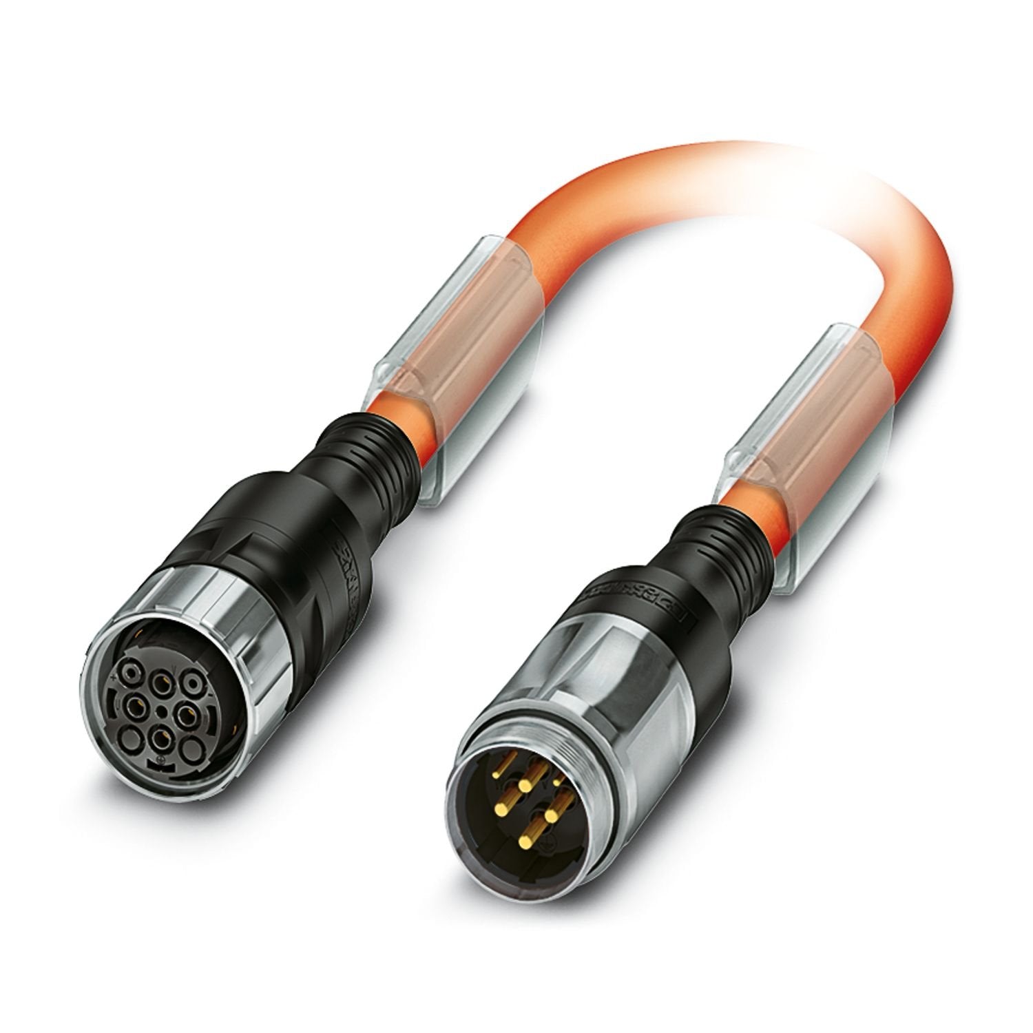 Connector in molded plastic on both sides, series: KSM, M40-Socket, Straight, plastic molded, number of positions: 2+3+PE, type of locking: Screw locking mechanism, on M40-Pin, Straight, plastic molded, number of positions: 2+3+PE, cable length: 10 m, shielded: yes, color of outer sheath: orange RAL 2003, this item is expected to be lead-free from Q1 2027 in accordance with RoHS II without exception 6c (Pb < 0.1%), a lead-free alternative is possible on request in advance