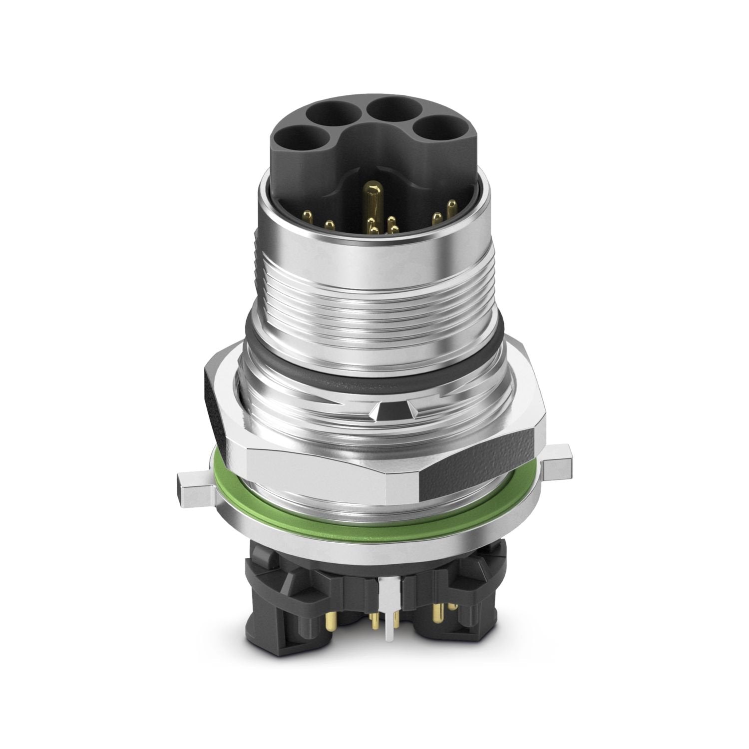 M23, PCB hybrid connector, series: SH, straight, shielded: yes, for standard and SPEEDCON interlock, No. of pos.: 4+4+4+PE / 3+N+PE, contact connection type: Pin, Wave soldering