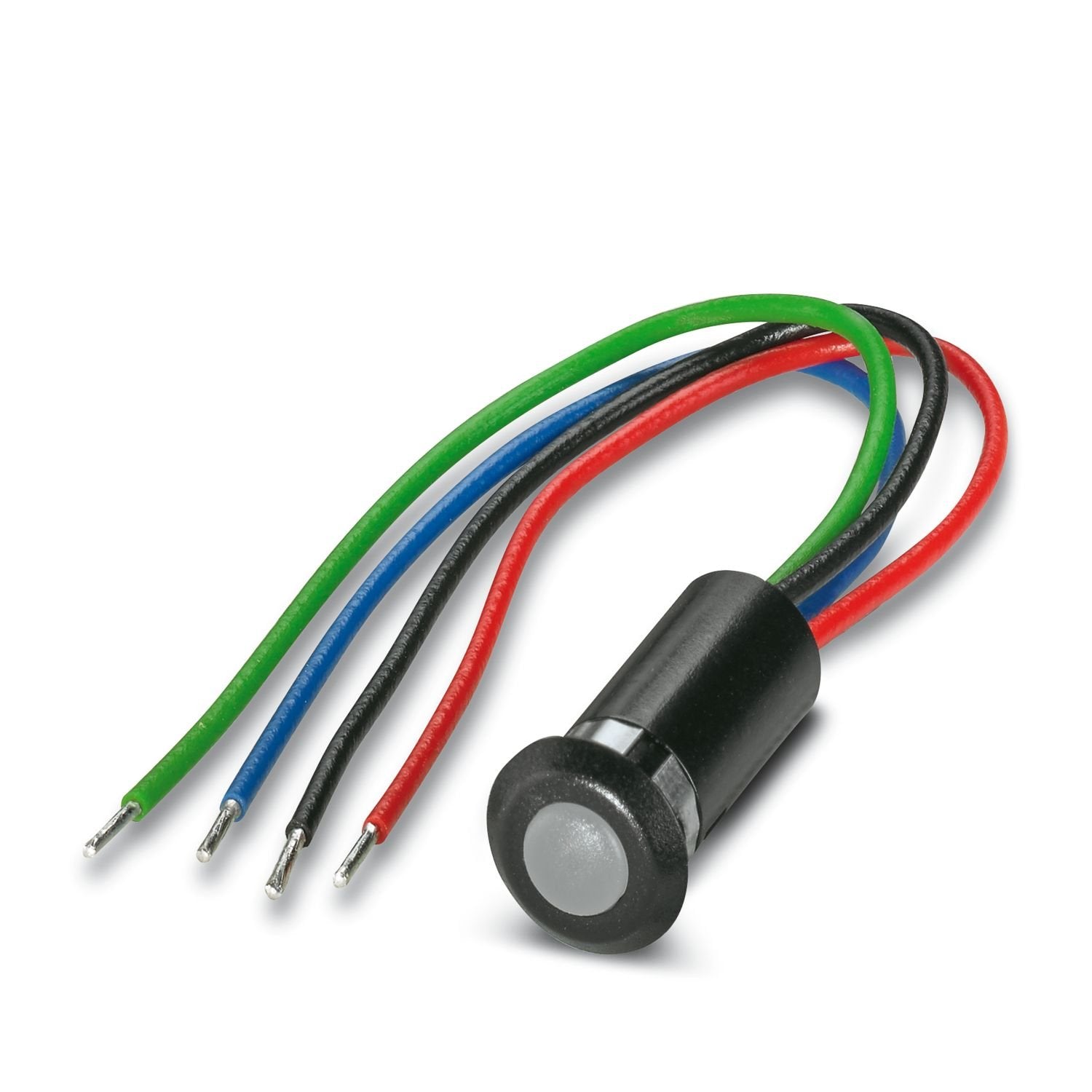 10 mm signal light with SMD-LED 5 mm (color: RGB) for assembly on wall thicknesses from 1.5 mm. Black housing made of polycarbonate (UL 94-V0) with four 94 mm tin-plated free wire ends, watertight IP68 (EN 60529)