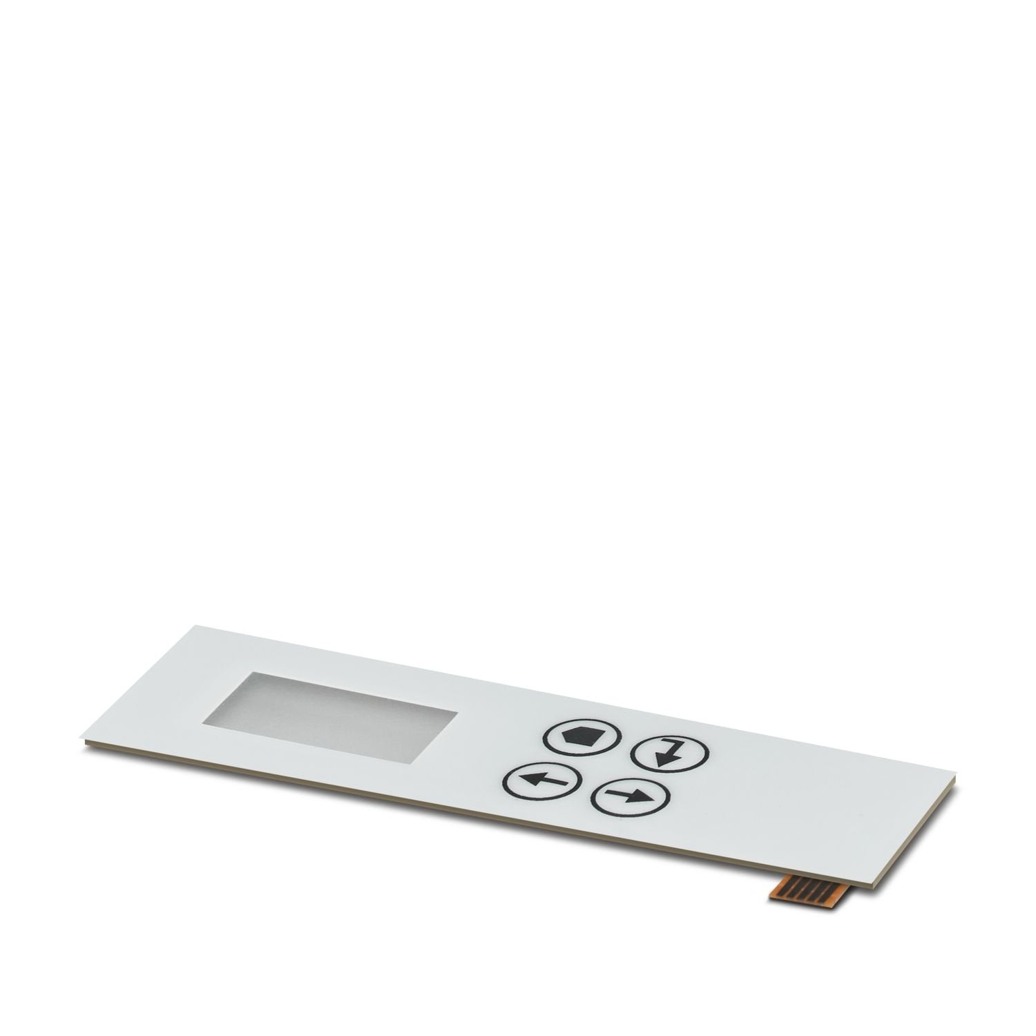 Membrane keypad for ICS25x100, self-adhesive, conductive silver technology, 4 keys, 2 colors, 5-position connection lug, pitch: 1.0 mm, transparent window for 0.96″ TFT display