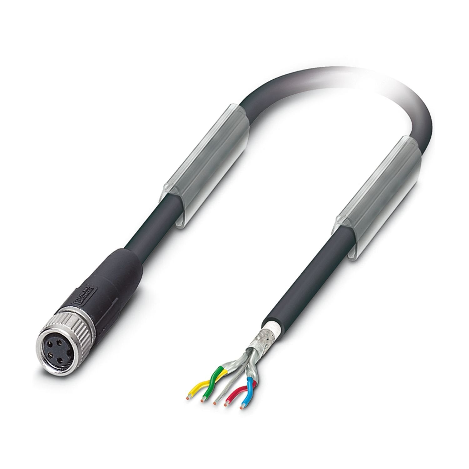 Bus system cable, INTERBUS, 4-position, PUR halogen-free, black RAL 9005, shielded, free cable end, on Socket straight M8, coding: A, cable length: 10 m
