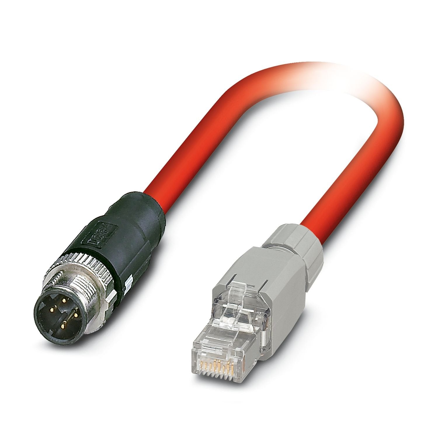 Bus system cable, Sercos CAT5 (100 Mbps), 4-position, PVC/PVC, signal red RAL 3020, Plug straight M12 SPEEDCON, coding: D / IP67, on Plug straight RJ45 / IP20, cable length: 2 m