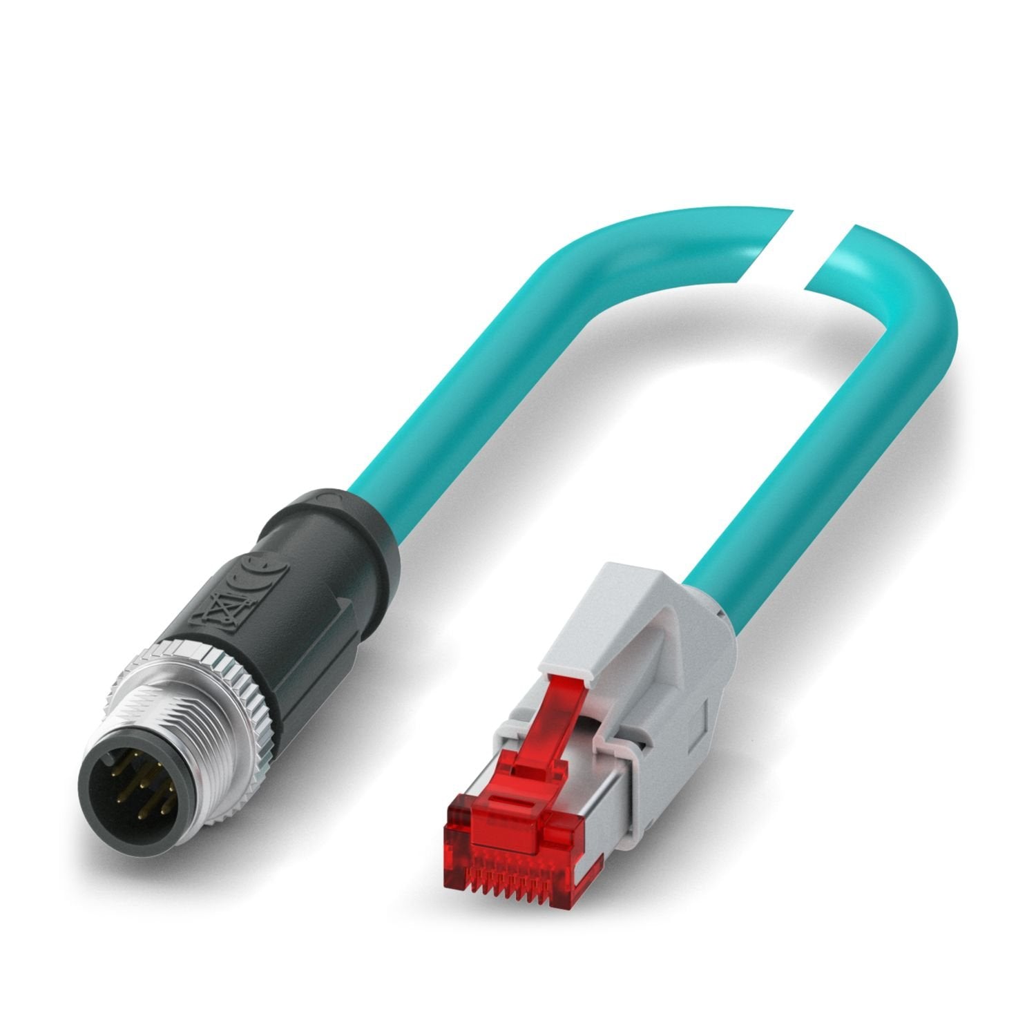 Network cable, Ethernet CAT5 (1 Gbps), 8-position, PUR halogen-free, water blue RAL 5021, shielded (Advanced Shielding Technology), Plug straight M12, coding: A / IP67, on Plug straight RJ45 / IP20, cable length: 5 m