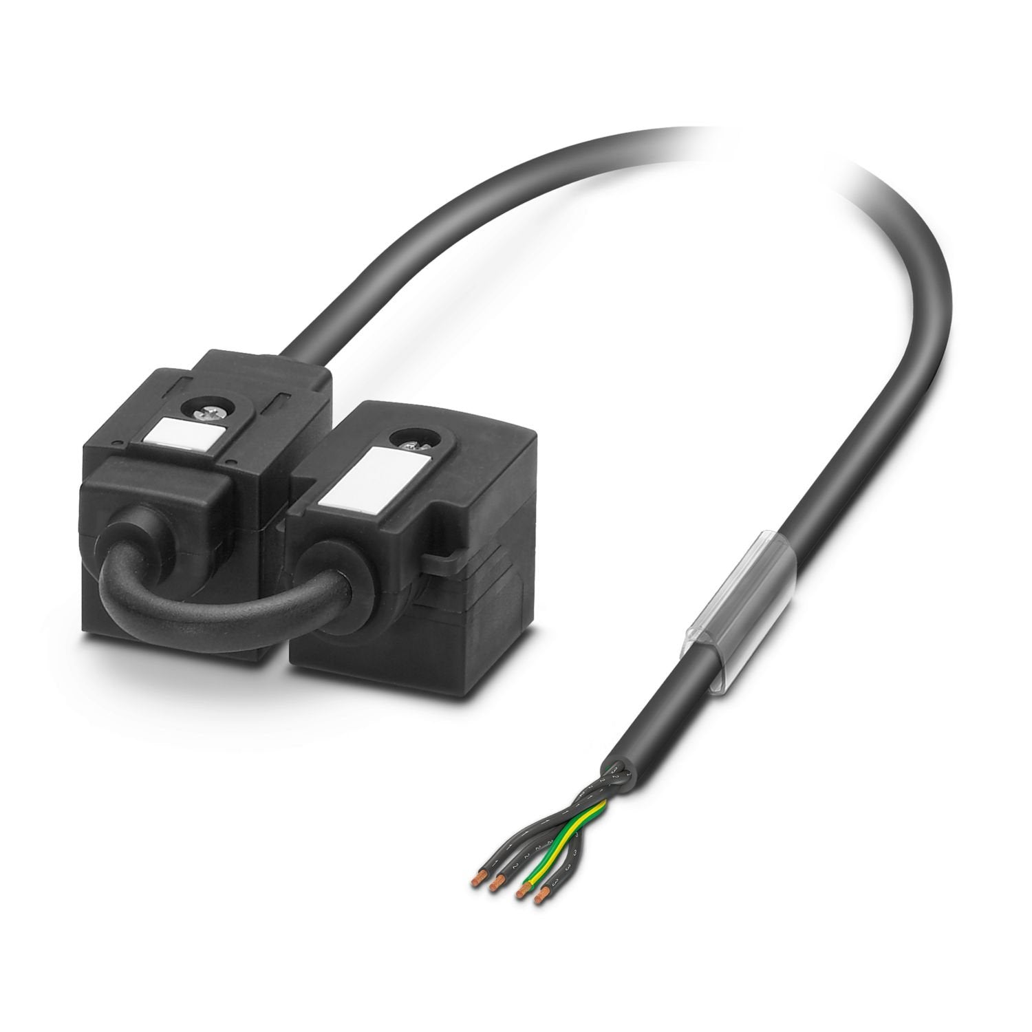 Double valve connector cable, 4-position, PUR/PVC, black, free cable end, on Valve connector A, with 1 LED, Wiring: Z diode and Valve connector A, with 1 LED, Wiring: Z diode, cable length: 5 m, valve connector spacing: 0.2 m