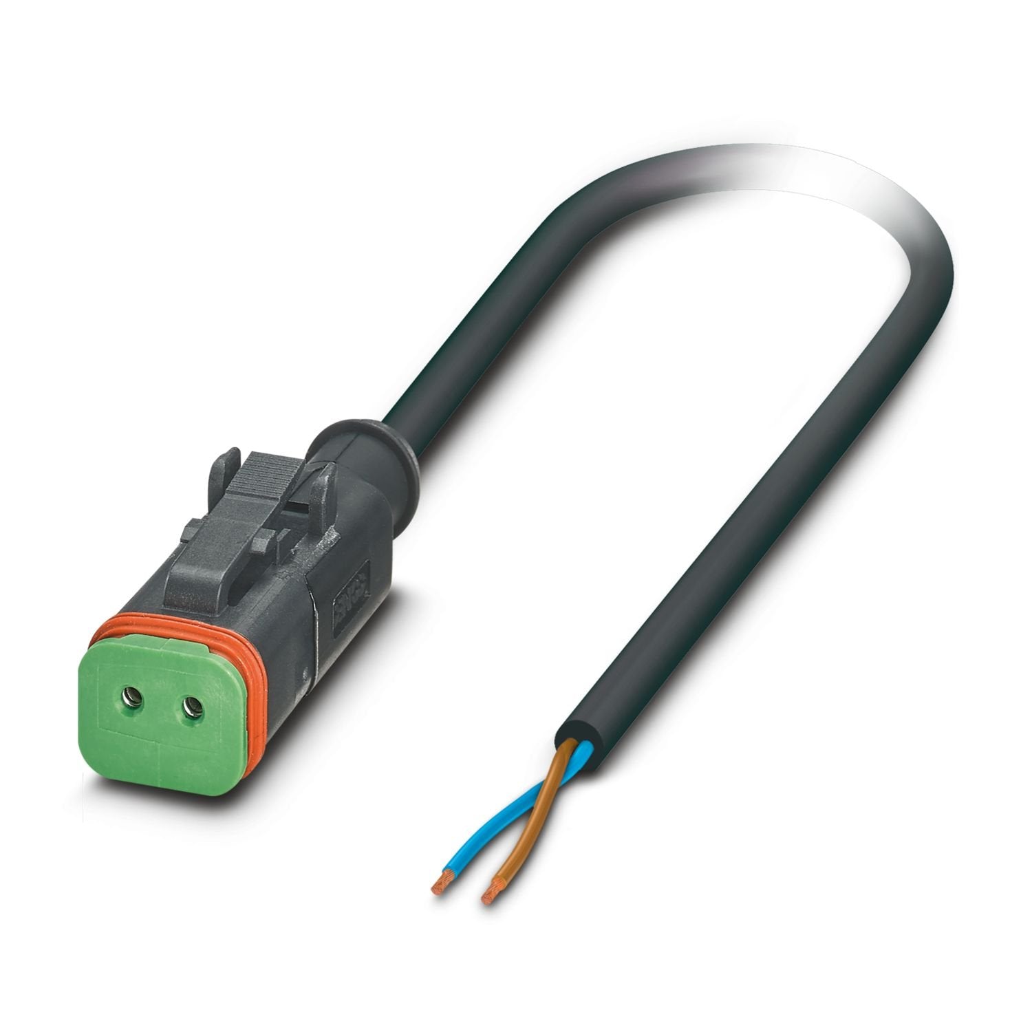 Sensor/actuator cable, 2-position, PUR halogen-free, black-gray RAL 7021, free cable end, on Socket straight DEUTSCH DT06-2S Clip locking, coding: A, Wiring: unwired, cable length: 3 m