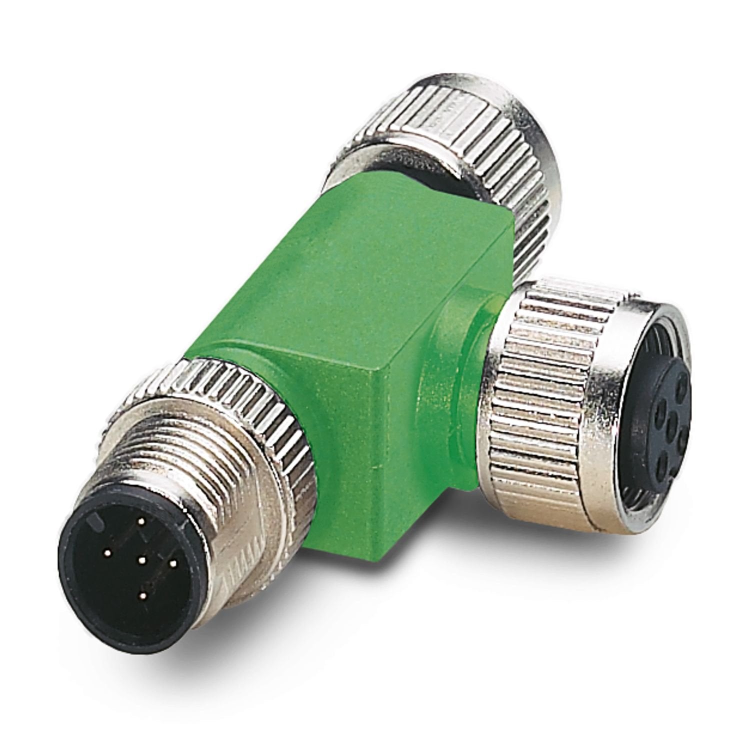T distributor, 5-position, unshielded, Plug straight M12, coding: A, on Socket straight M12, coding: A and Socket straight M12, coding: A, Parallel distributor