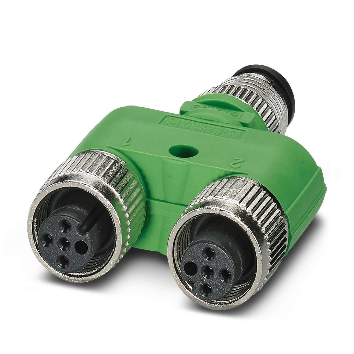 Y distributor, 4-position, unshielded, Plug straight M12, coding: A, on Socket straight M12, coding: A and Socket straight M12, coding: A