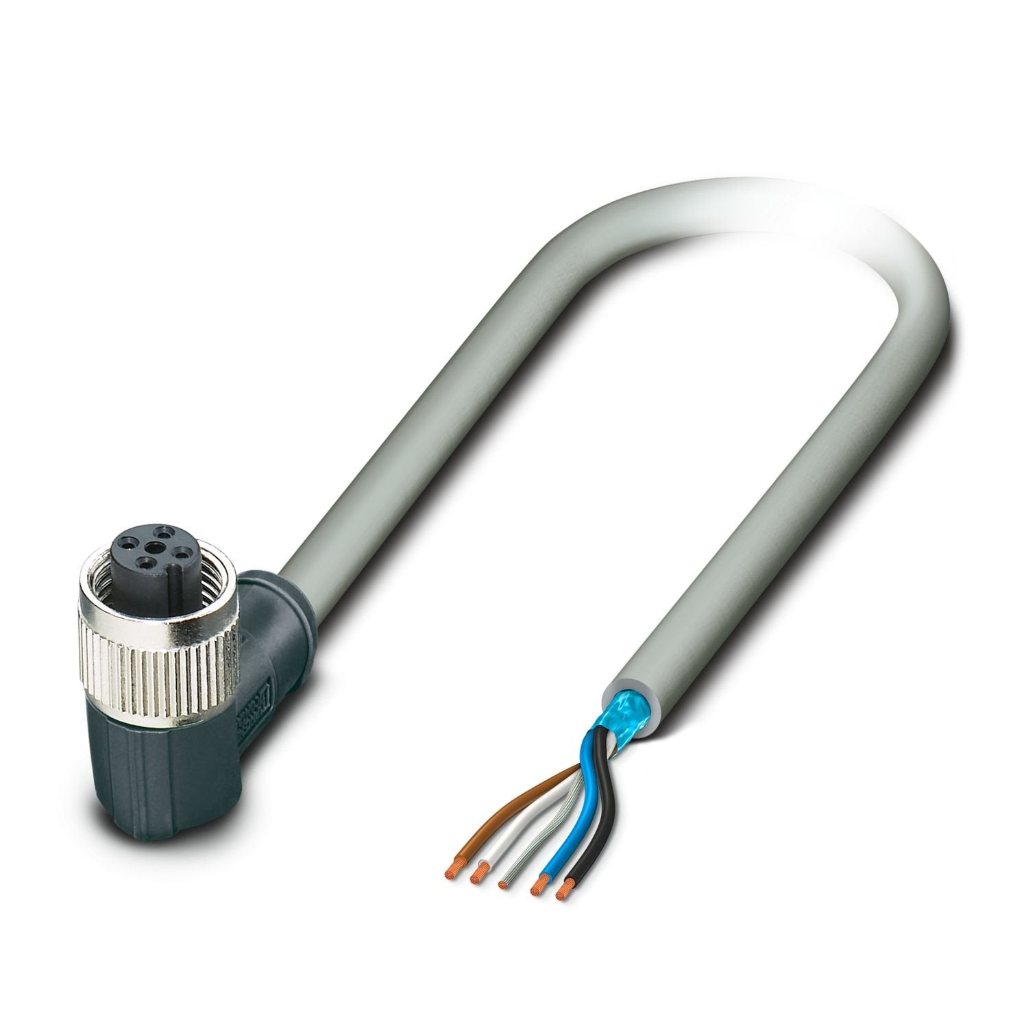 Sensor/actuator cable, 4-position, PVC, gray, shielded, free cable end, on Socket angled M12, coding: A, cable length: 10 m, Foil shielding plus drain wire