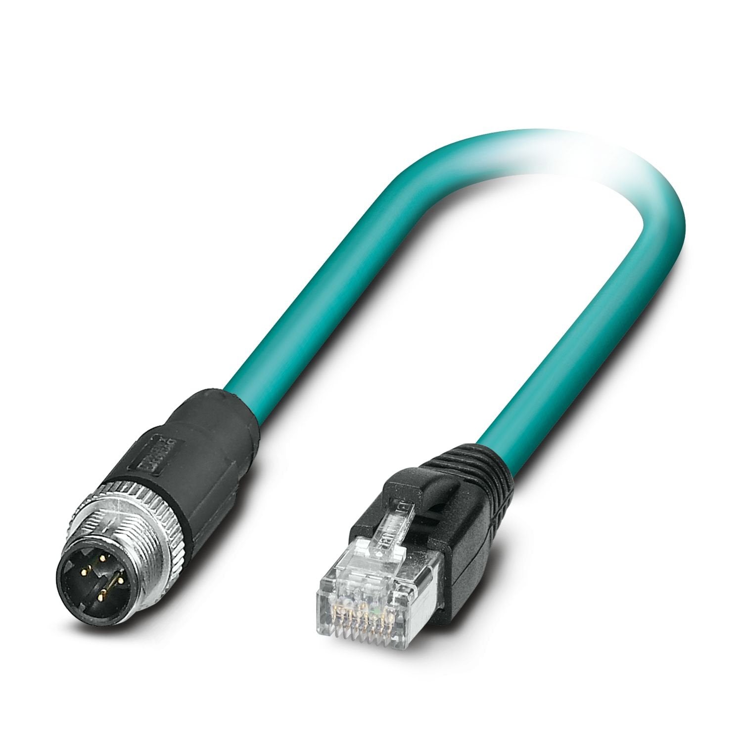 Network cable, Ethernet CAT5e (100 Mbps), 4-position, TPE, highly flexible, turquoise, shielded, Plug straight M12, coding: D / IP65, on Plug straight RJ45 / IP20, cable length: 5 m