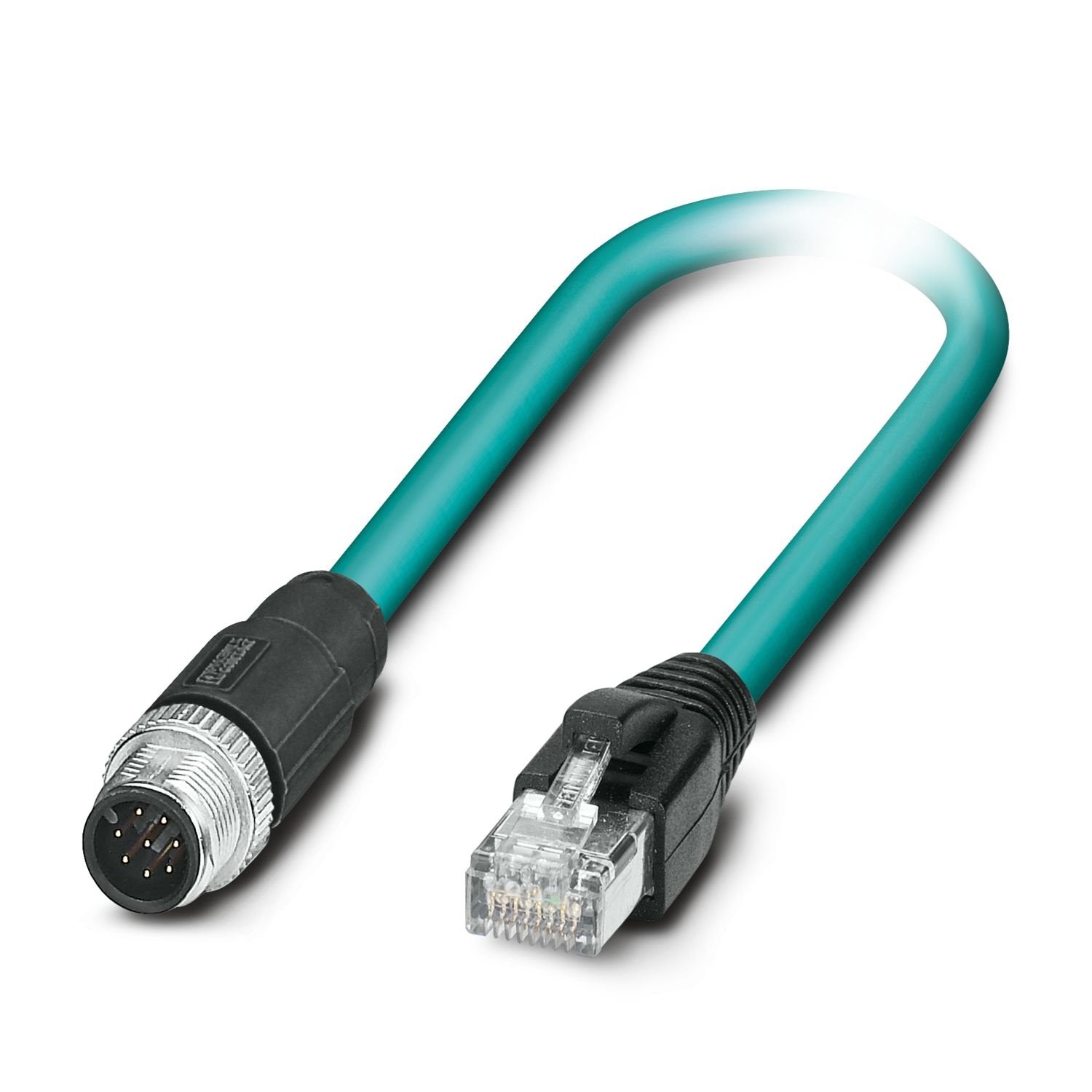 Network cable, Ethernet CAT5e (1 Gbps), 8-position, TPE, highly flexible, turquoise, Plug straight M12, coding: A / IP65, on Plug straight RJ45 / IP20, cable length: 15 m