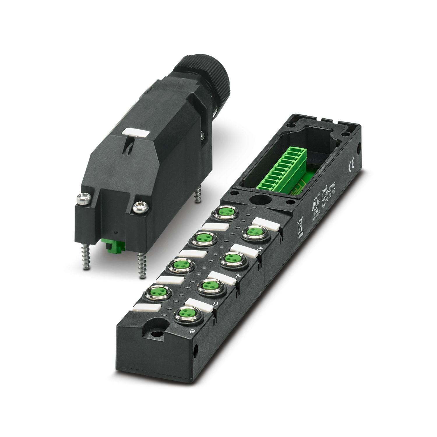 Distributor box, application: Standard, connection method: M8 socket Metal, number of slots: 8, number of positions: 3, coding: A, slot assignment: single, status display: yes, PNP; master cable connection: plug-in push-in spring connection 180°, shielding: no