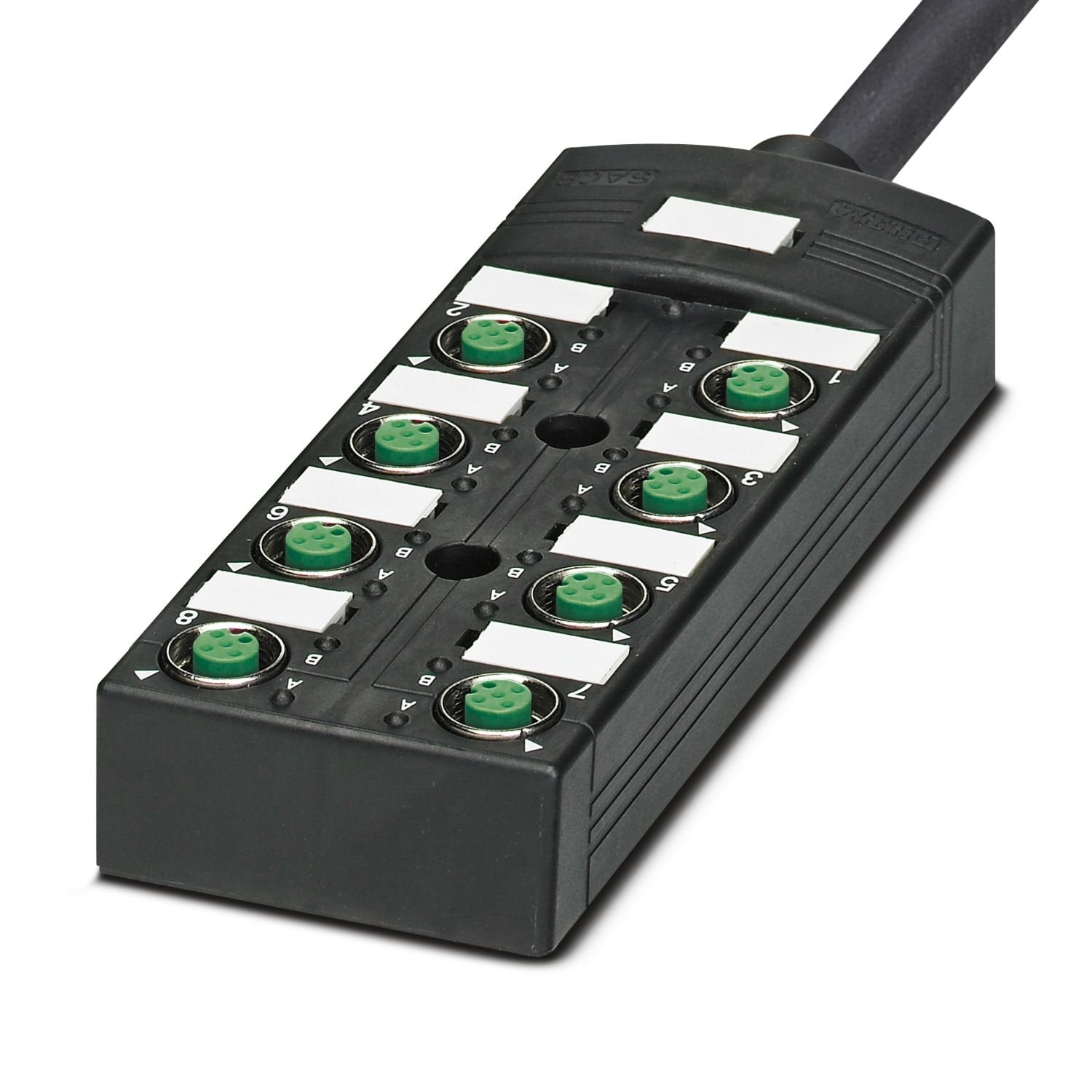 Distributor box, application: Standard, extended requirements, connection method: M12 socket Metal, number of slots: 8, number of positions: 4, coding: A, slot assignment: single, status display: yes, PNP; master cable connection: Fixed connection 180°, PUR/PVC, cable length: 5 m, shielding: no