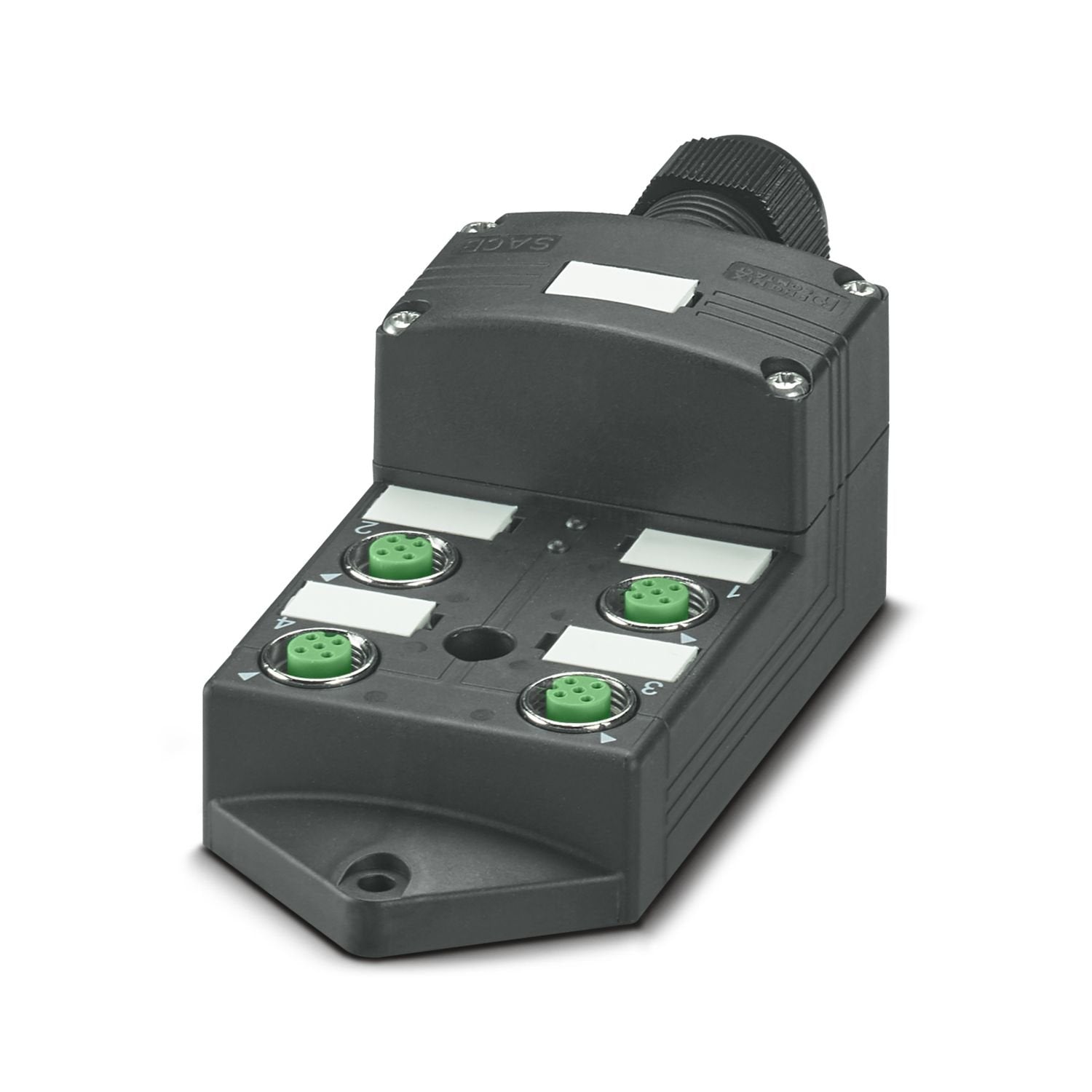 Distributor box, connection method: M12 socket Metal, number of slots: 4, number of positions: 5, coding: A, slot assignment: parallel, status display: no, Universal; master cable connection: Pluggable screw connection 180°, shielding: no