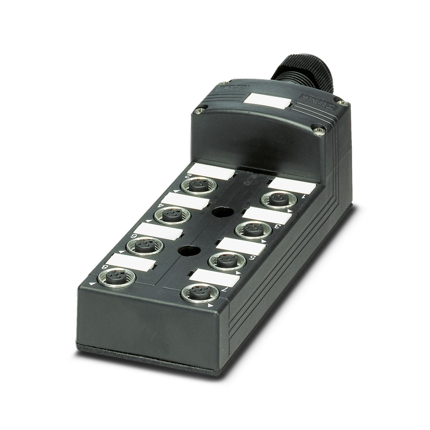 Distributor box, application: External areas, connection method: M12 socket Metal, number of slots: 8, number of positions: 5, coding: A, slot assignment: Double, status display: no, Universal; master cable connection: Pluggable screw connection 180°, shielding: no